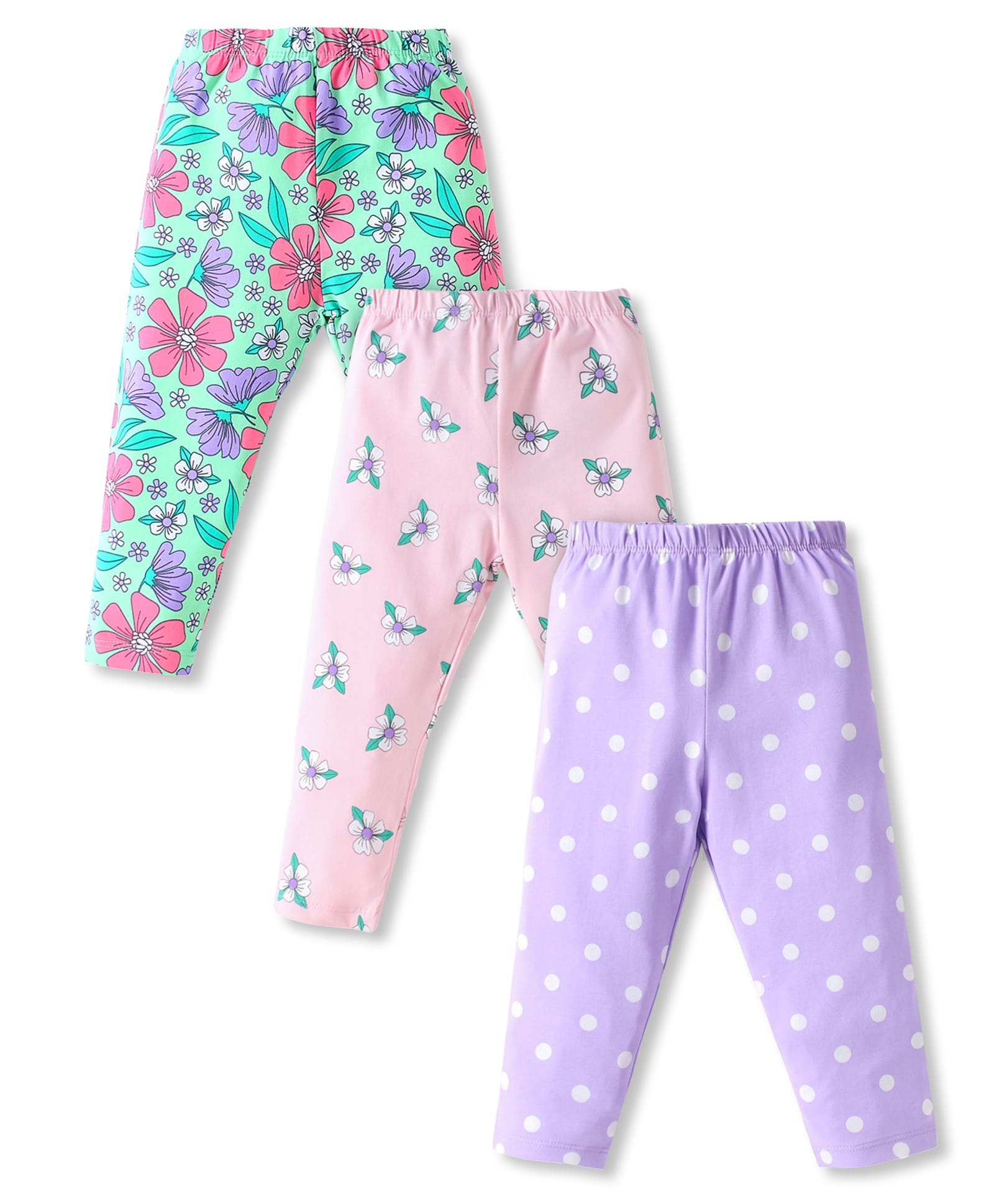 Babyhug Cotton Lycra Full Length Skinny Fit Leggings with Stretch Floral & Polka Dot Print Pack of 3 - Purple Pink & Green-picture-19