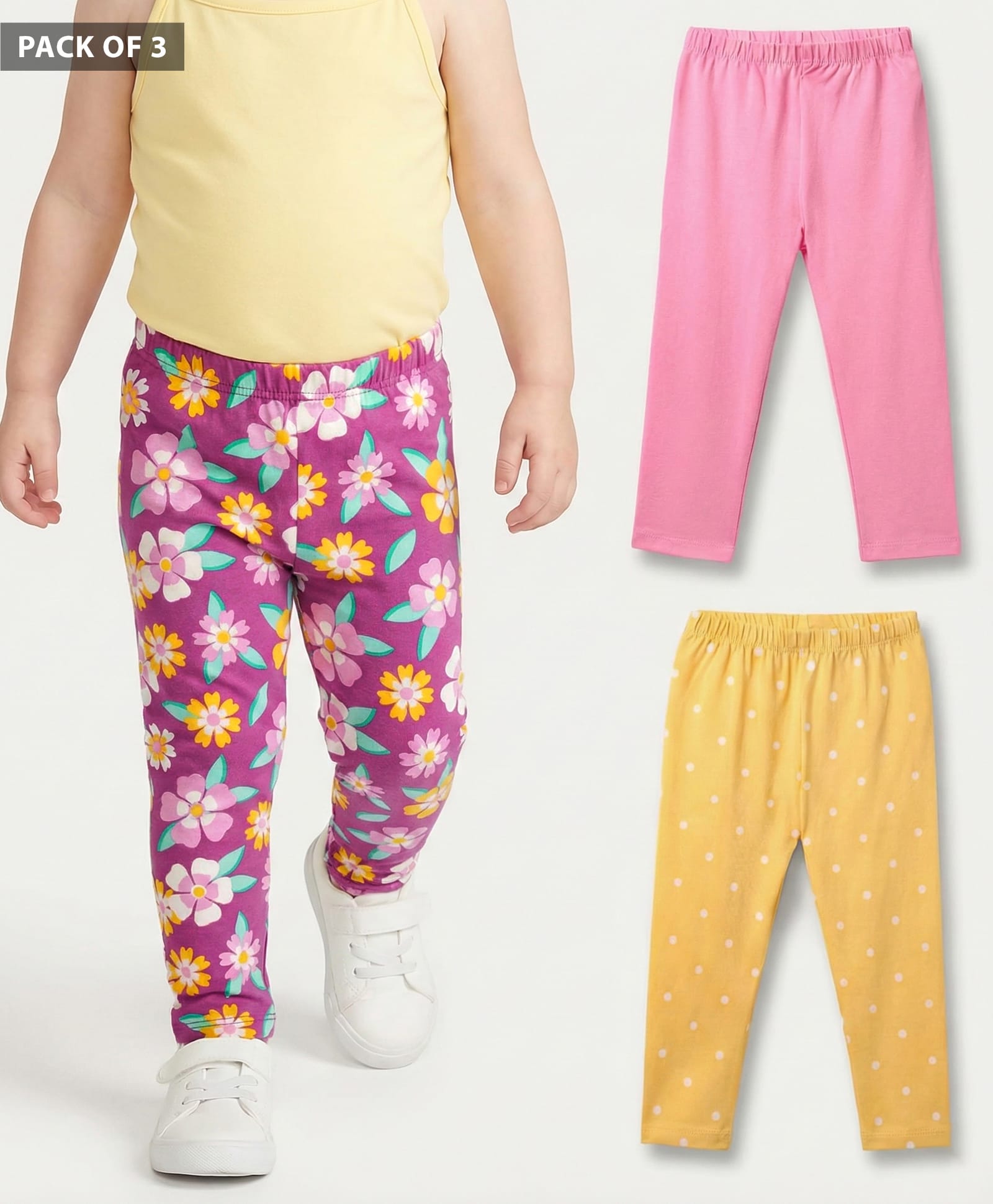 Babyhug Cotton Knit Full Length Leggings With Floral & Polka Dot Print Pack Of 3 - Yellow Pink & Plum-picture-10