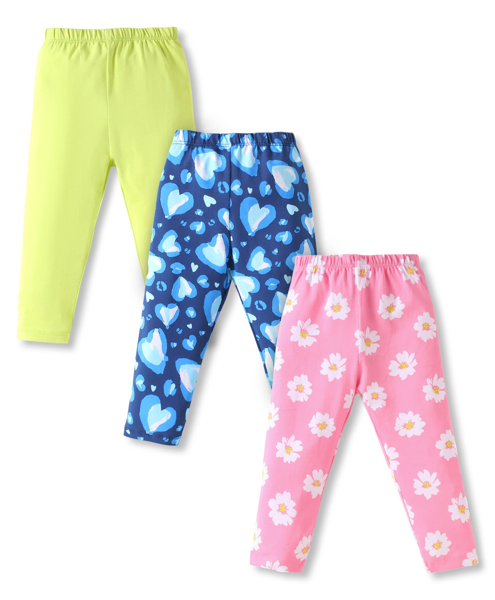 Babyhug Cotton Lycra Full Length Skinny Fit Leggings with Stretch Floral & Heart Print Pack of 3 - Pink Navy & Green