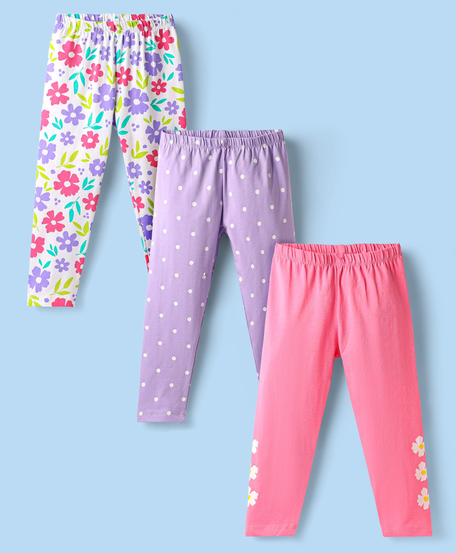 Babyhug Cotton Knit Full Length Leggings With Floral & Polka Dots Print Pack Of 3 - Purple Pink & White-picture-29