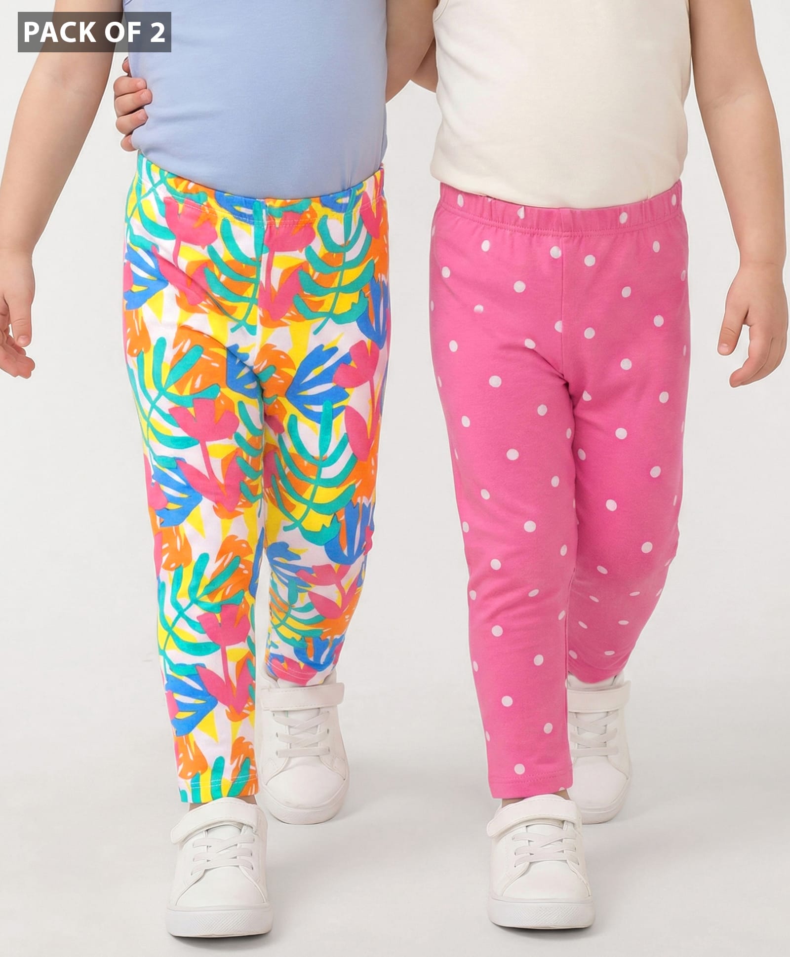 Babyhug Cotton Lycra Knit Full Length Leggings wit Polka Dots & Leaves Print Pack of 2 - Pink & White-image-24