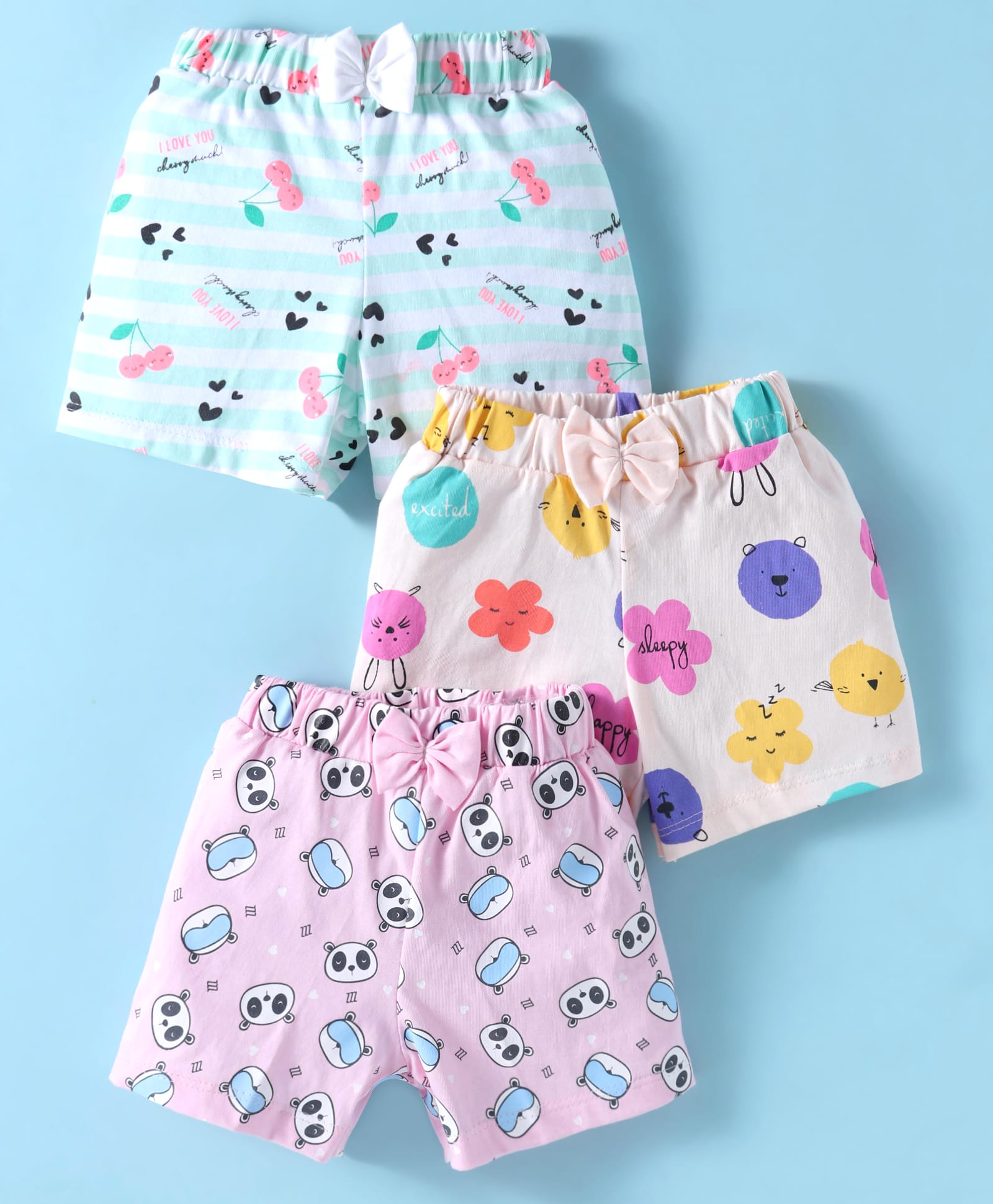 Teddy Sinker Knit Knee Length Shorts With Floral & Panda Print Pack of 3 - White Light Blue & Pink-picture-14