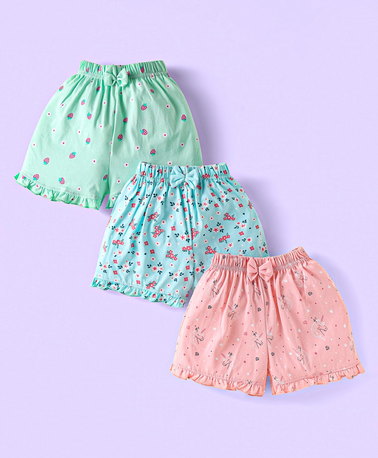 Teddy Sinker Knit Knee Length Shorts with Strawberry Floral & Unicorn Print & Bow Applique Pack of 3 - Pink Light Blue & Green-picture-11
