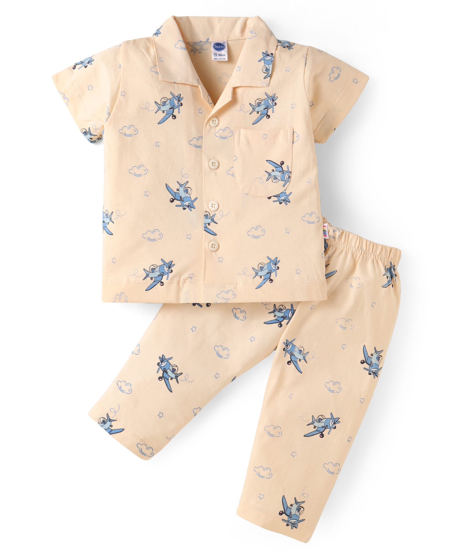 Teddy Sinker Knit Half Sleeves Night Suit with HelicopterPrint - Peach