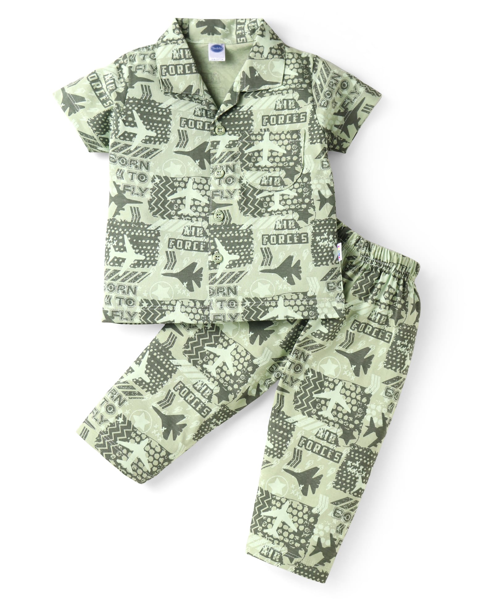 Teddy Sinker Knit Half Sleeves Night Suit with AirplanePrint - Olive Green-image-49