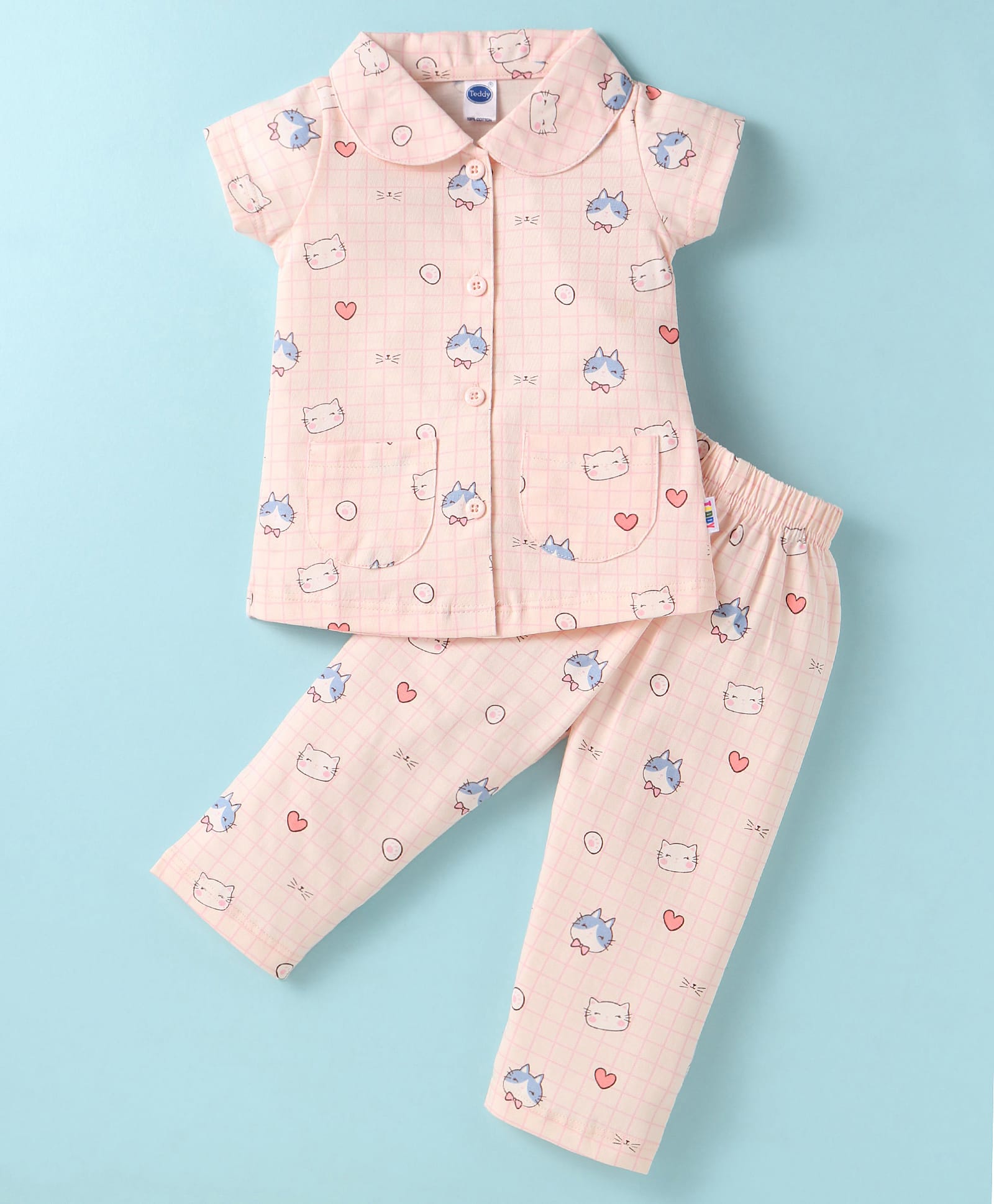 Teddy Sinker Knit Half Sleeves Peter Pan Collar Neck Night Suit Cat Print - Baby Pink-picture-16