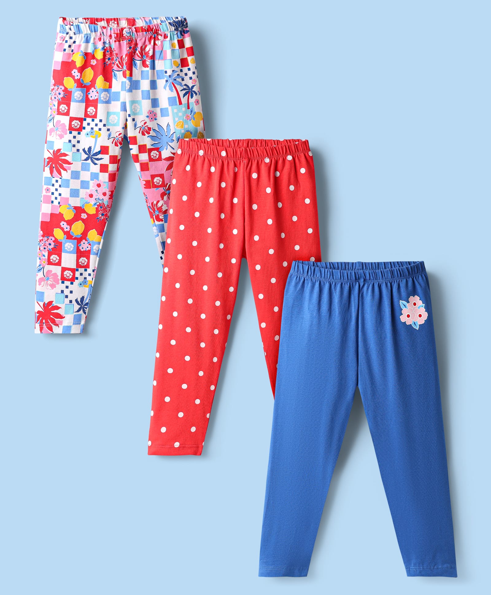 Babyhug Cotton Knit Full Length Leggings With Tropical Theme & Polka Dots Print Pack Of 3 - Red Blue & White-picture-17