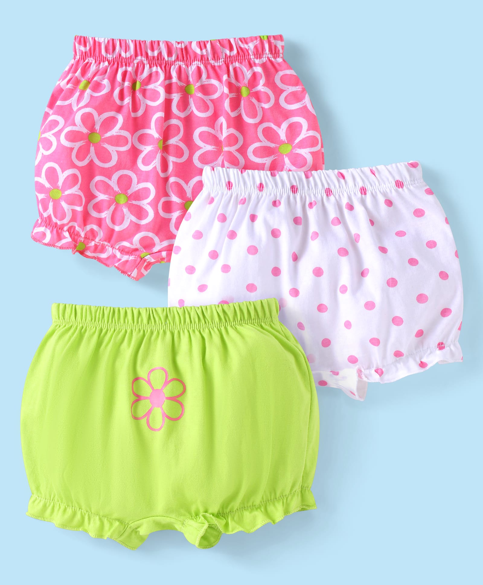 Babyhug 100% Cotton Knit Floral & Polka Dots PrintedBloomers Pack of 3 - Green Pink & White-image-12
