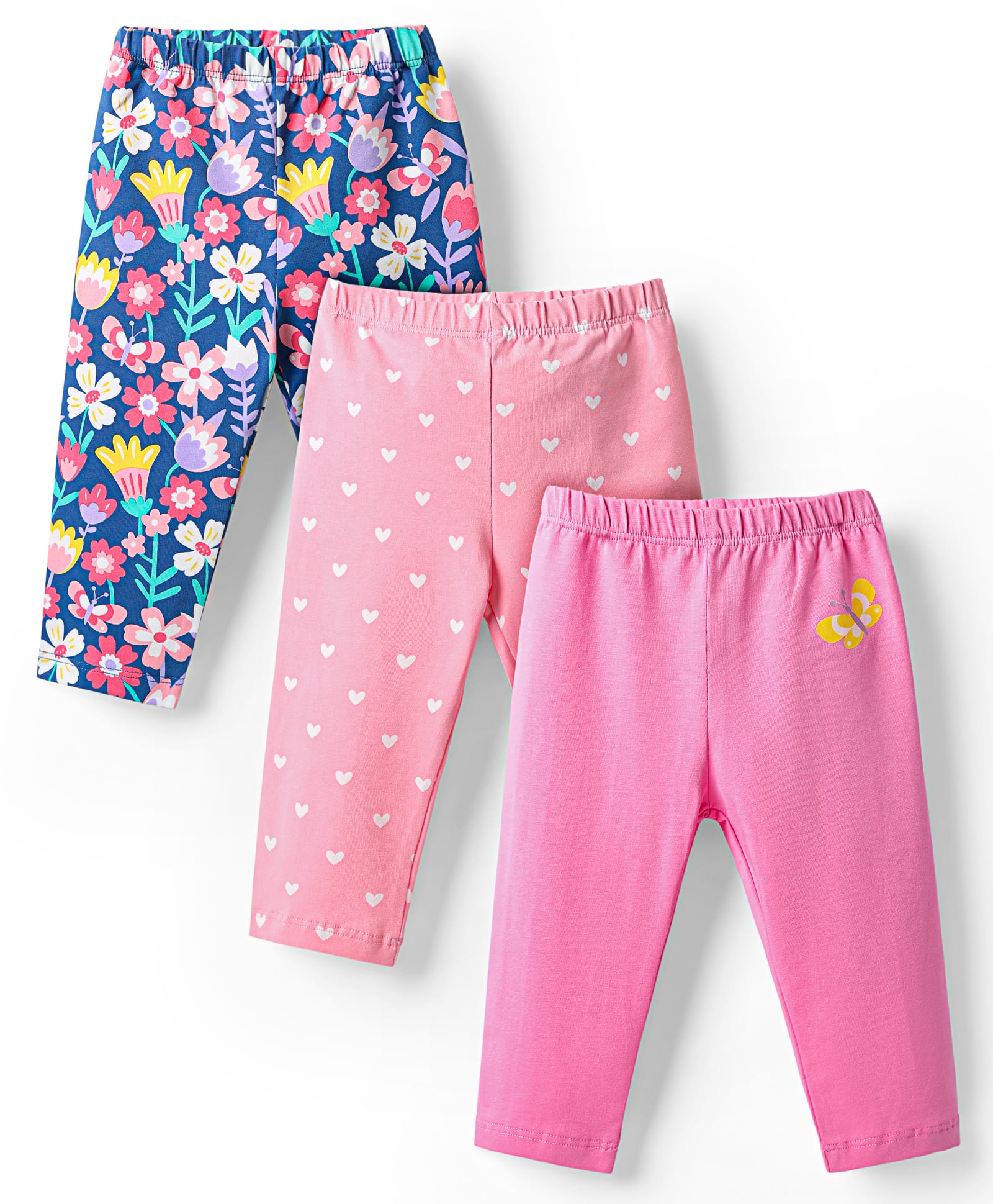 Babyhug Cotton Lycra Knit Full Length Floral & Heart Printed Leggings With Stretch Pack Of 3 - Pink Blue & Dark Pink