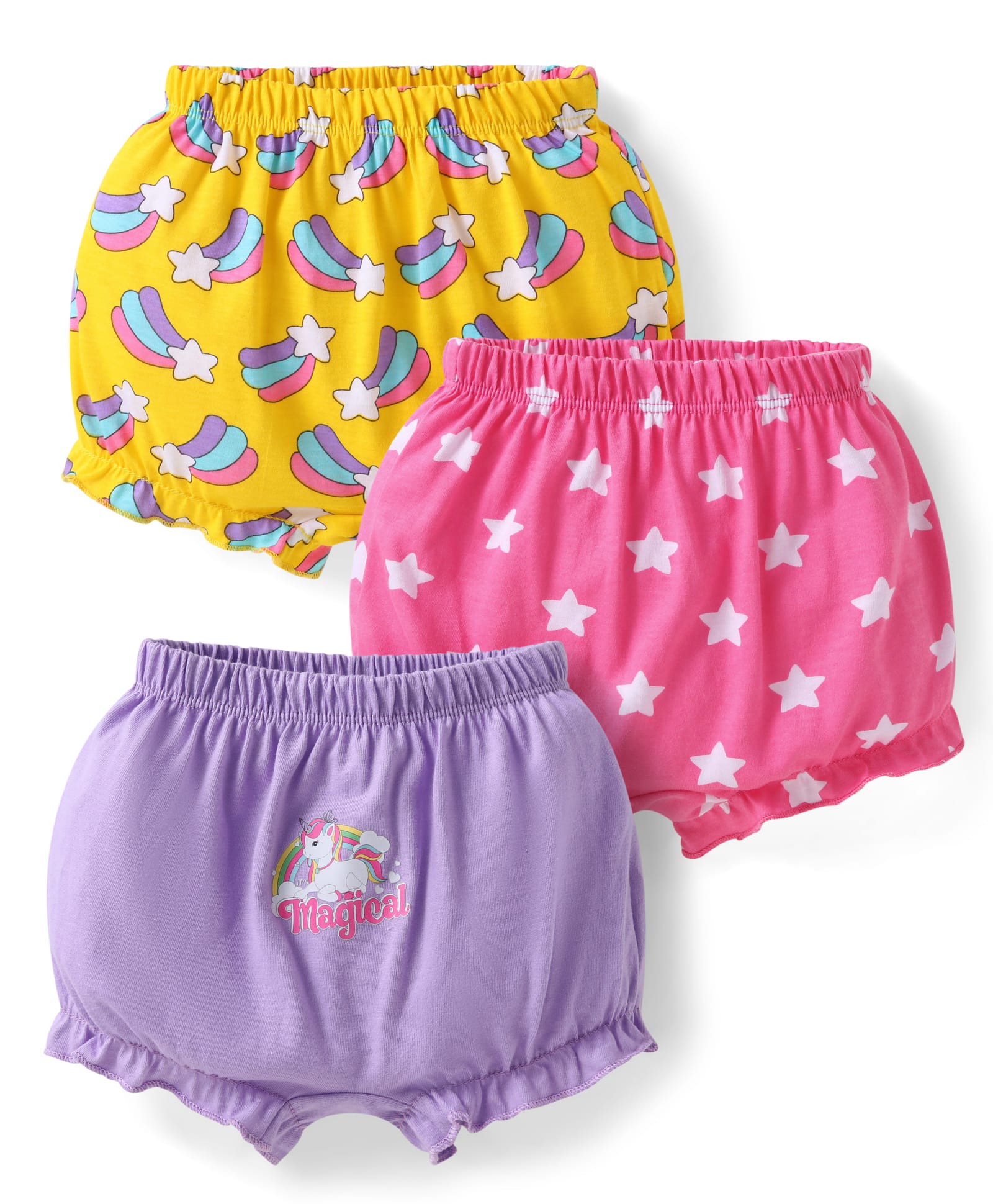 Babyhug 100% Cotton Knit Bloomers with Stars & Unicorn Print Pack of 3 - Yellow Pink & Lilac-image-47