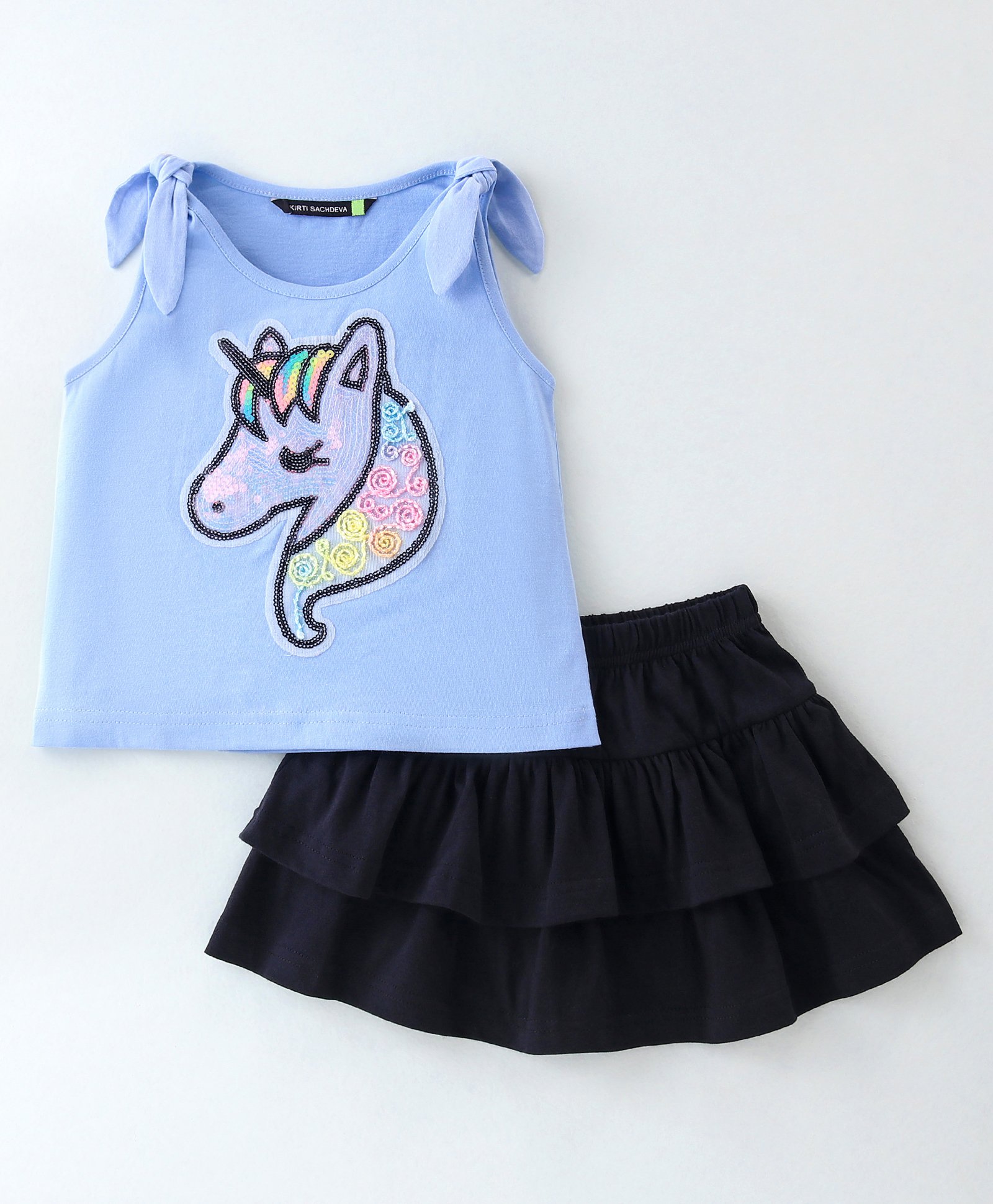 Tiara Cotton Jersey Sleeveless Unicorn Sequin Embellished Top With Solid Layered Skirt - Black & Blue-picture-26