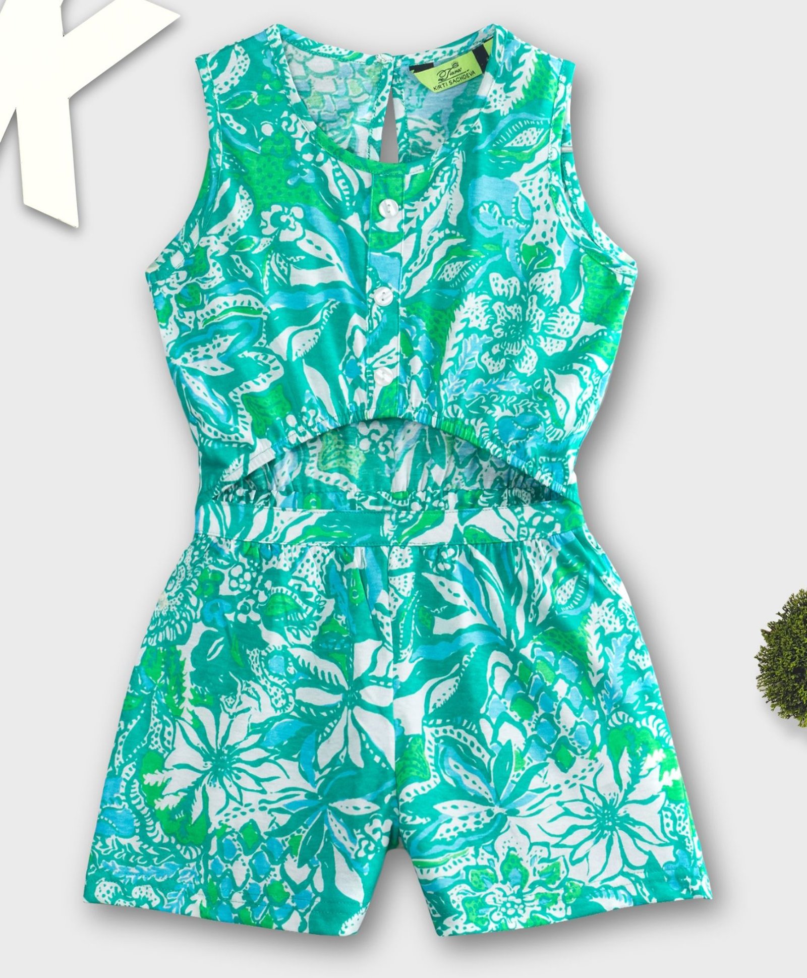Tiara Cotton Jersey Sleeveless Floral Printed Jumpsuit - Green-picture-15