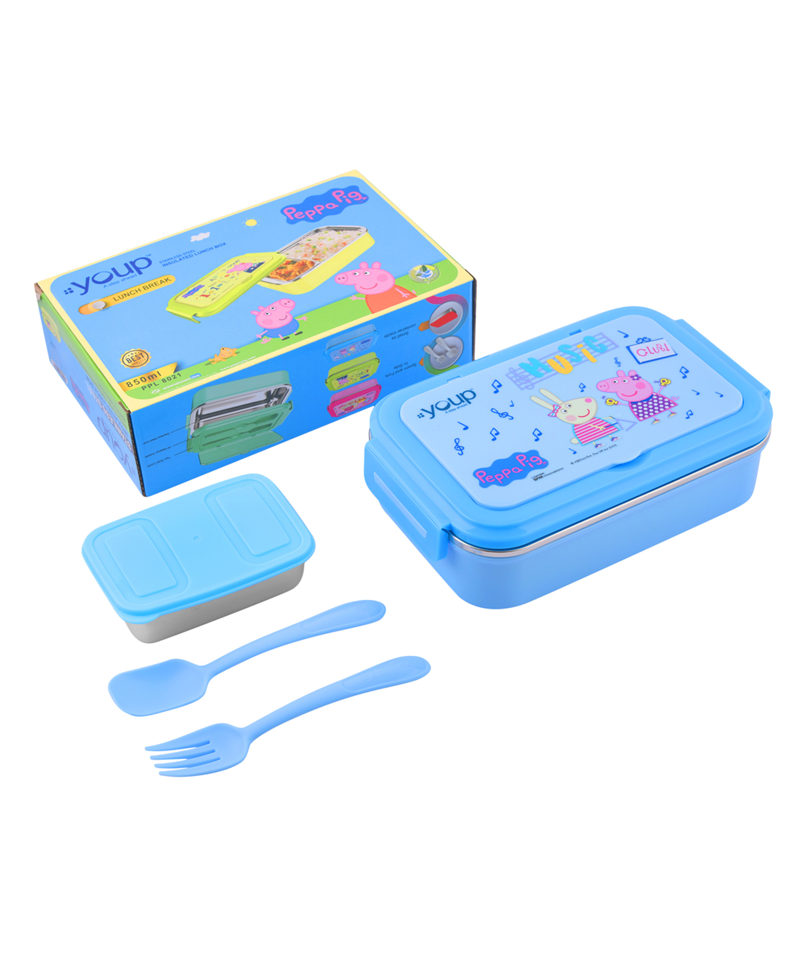 Youp Stainless Steel Insulated Blue Color Kids Peppa Pig Lunch Box With Fork & Spoon Lunch Break-850 ml-picture-30