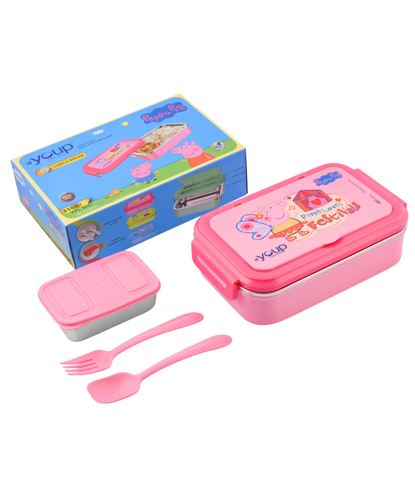 Youp Stainless Steel Insulated Pink Color Kids Peppa Pig Lunch Box With Fork & Spoon Lunch Break -850 ml-image-25