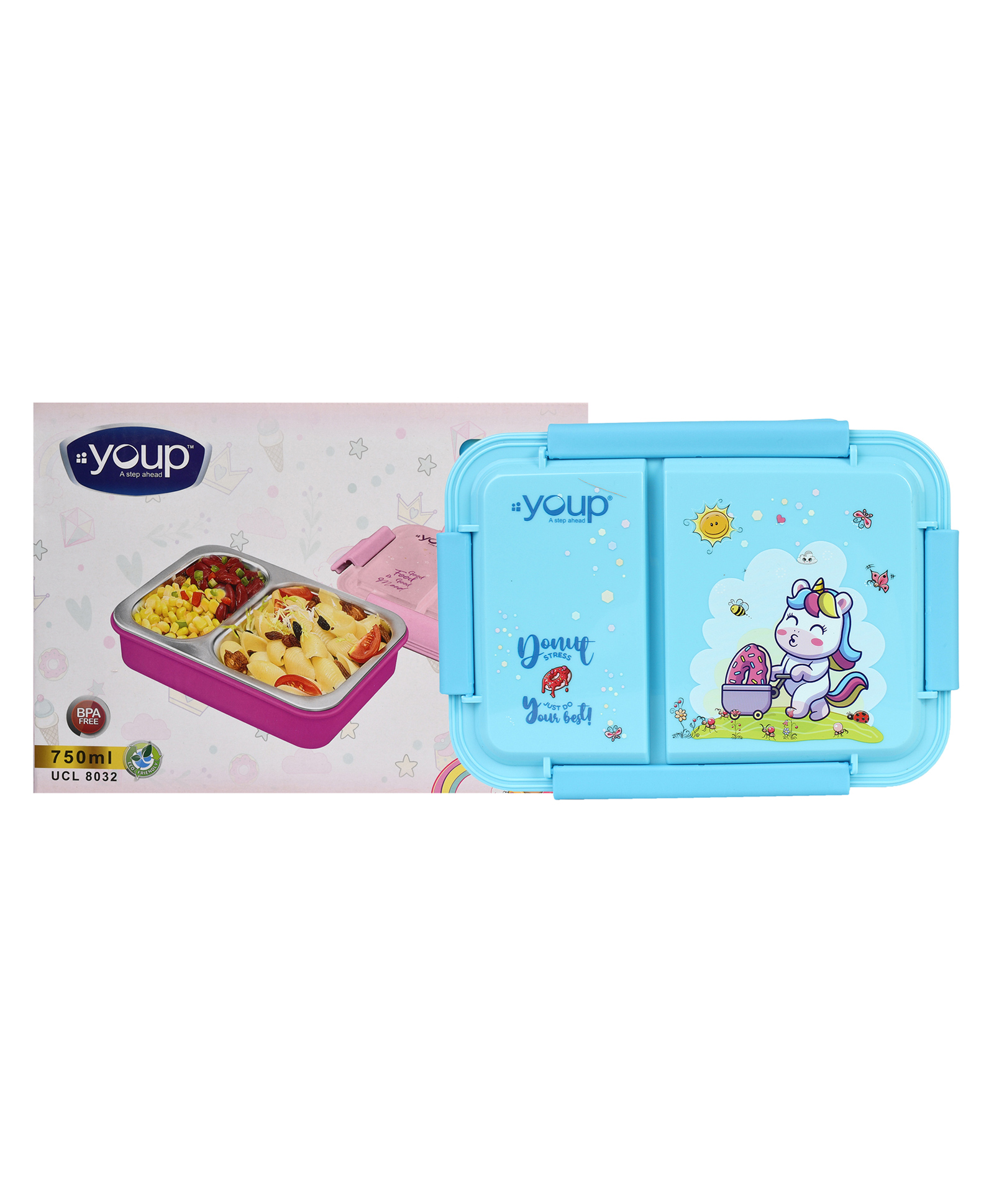 YOUP Stainless Steel Blue Color Unicorn Theme Kids Bento Lunch Box With 2 Compartments PICNIC-750 ml-picture-17