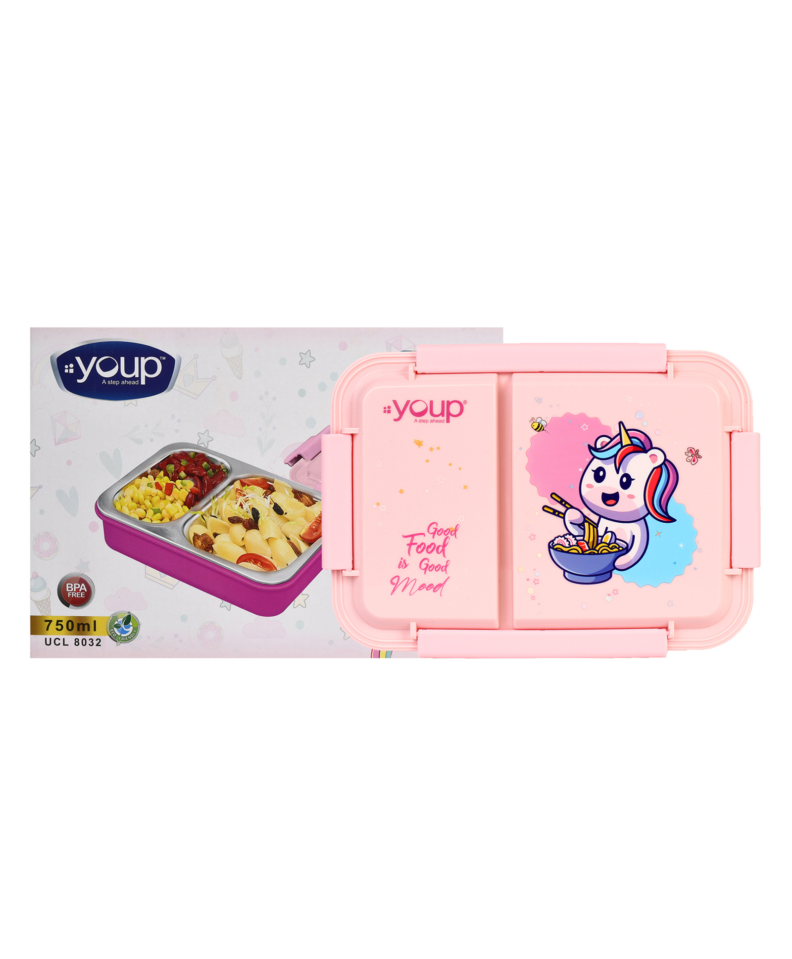 YOUP Stainless Steel Pink Color Unicorn Theme Kids Bento Lunch Box With 2 Compartments PICNIC-750 ml-picture-32