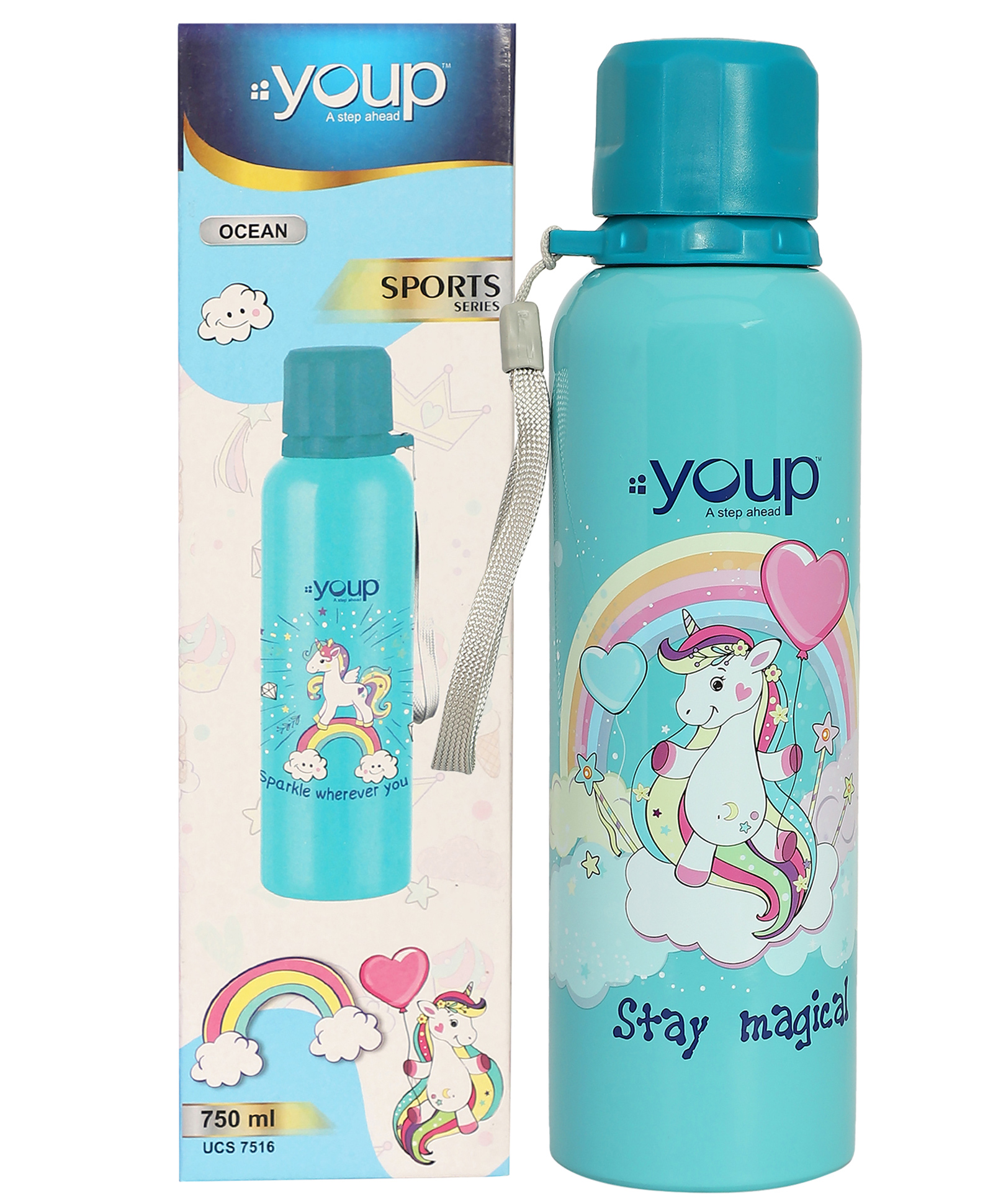 Youp Stainless steel blue color Unicorn kids water bottle OCEAN- 750 ml-picture-19