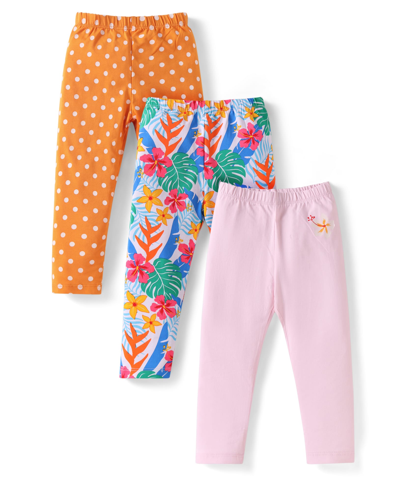 Babyhug Cotton Lycra Knit Full Length Leggings with Stretch Polka Dots & Floral Print Pack Of 3 - Pink & Mustard