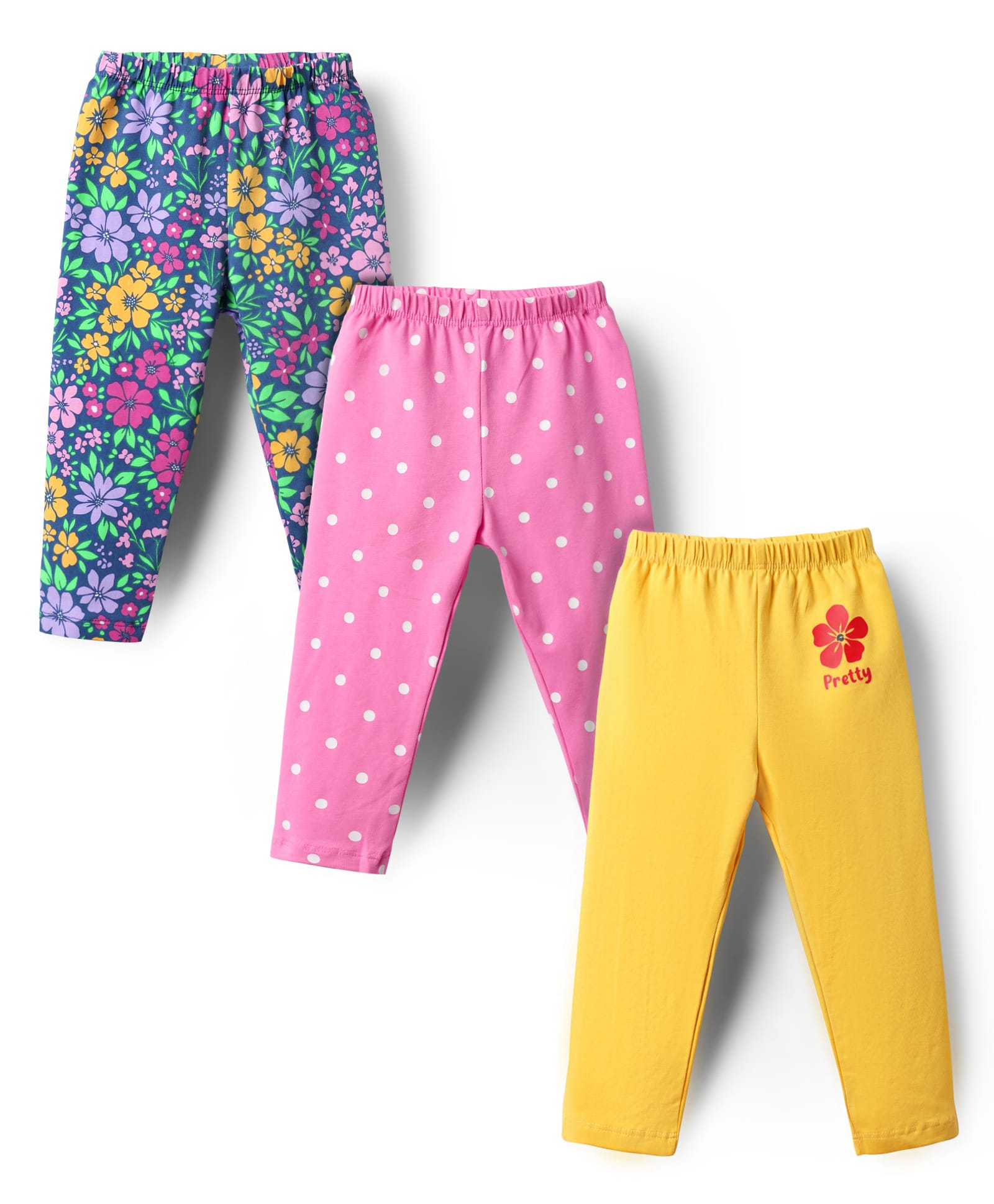 Babyhug Cotton Lycra Full Length Leggings Polka Dots & Floral Print Pack of 3 - Pink Yellow & Blue-picture-20