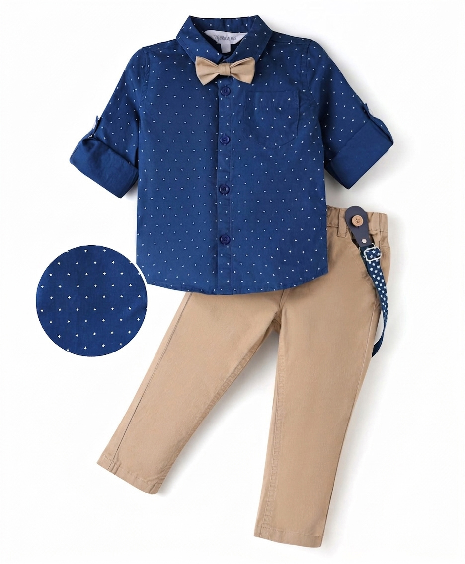 Mark & Mia Full Sleeves Printed Party Wear Shirt with Trouser Set with Suspender & Bow - Navy & Beige-picture-24