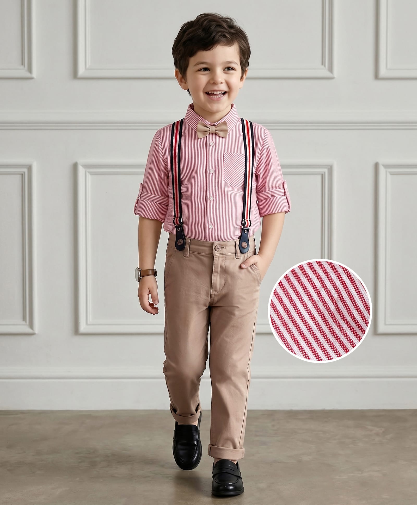 Mark & Mia Cotton Woven Full Sleeves Striped Shirt & Trouser with Bow & Suspender - Pink-picture-16