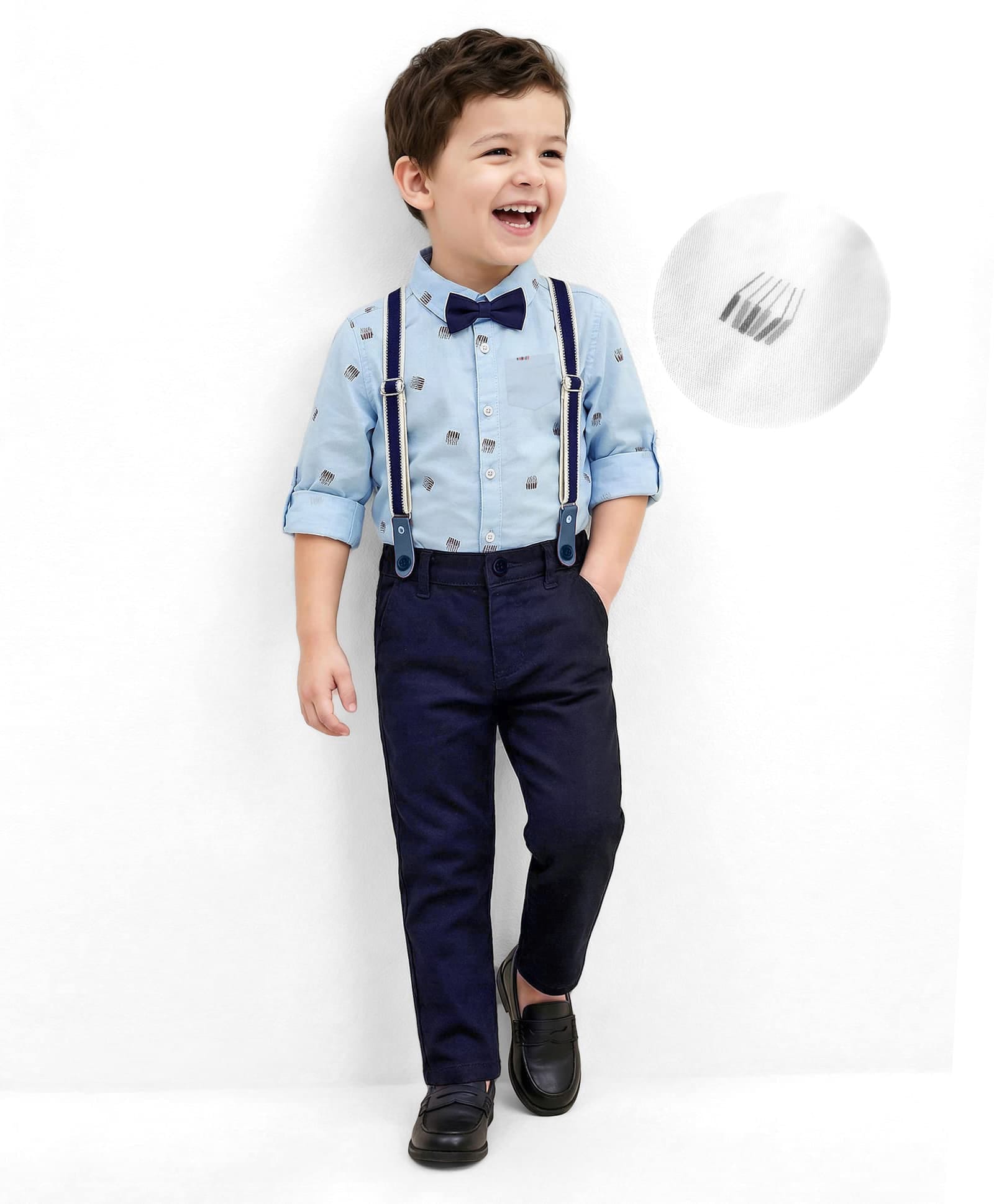 Mark & Mia Cotton Woven Full Sleeves Printed Shirt & Trouser With Bow & Suspender - Light Blue & Black-picture-10