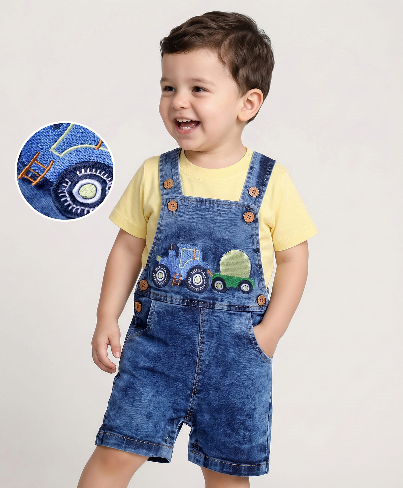 Mark & Mia Knitted Vehicle Embroidered Dungaree with Half Sleeves Solid Color Inner T-Shirt - Yellow & Blue-image-46