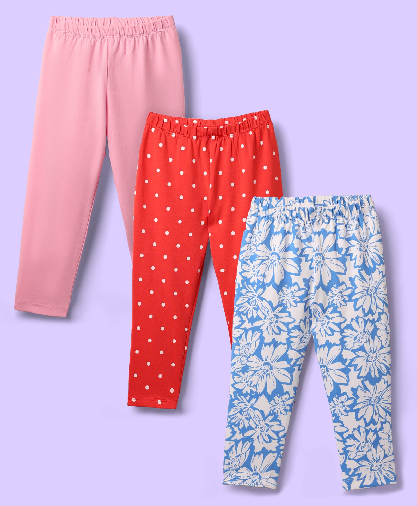 Babyhug Cotton Knit Full Length Leggings With Polka Dots & Floral Print Pack Of 3 - Red Pink & Light Blue-picture-24