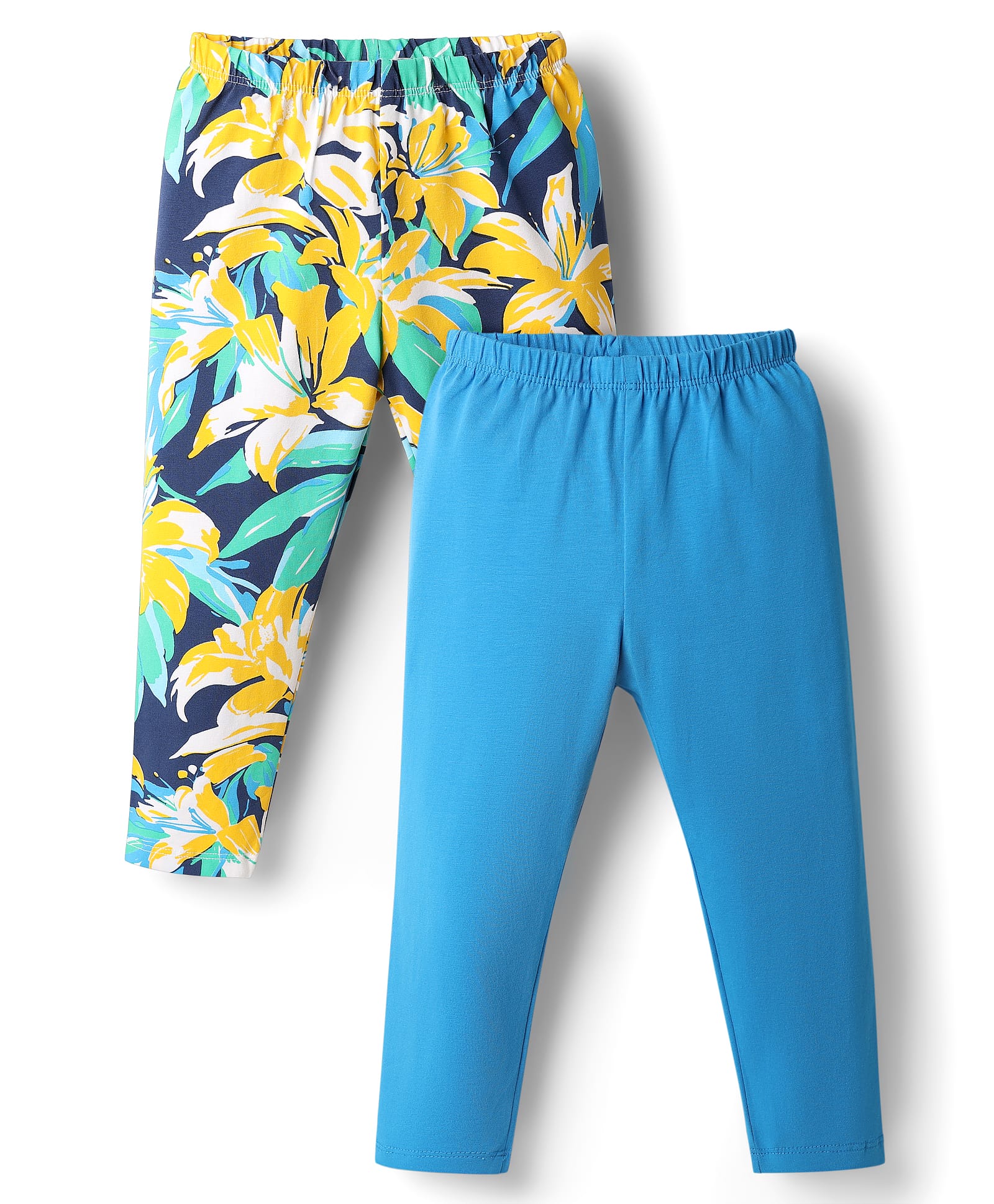 Babyhug Cotton Lycra Knit Full Length Leggings With Floral Print Pack Of 2 - Light Blue & Yellow-image-44