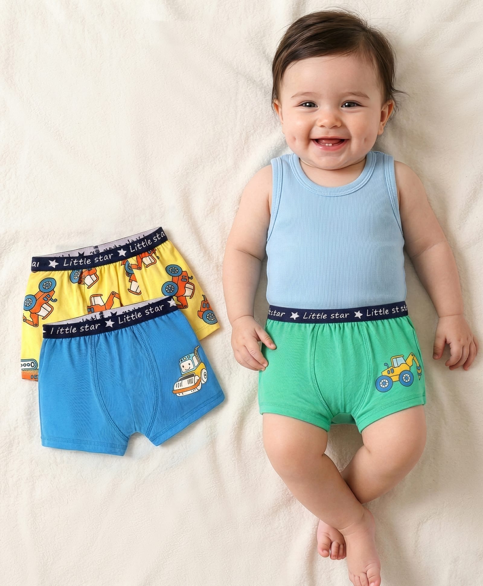 Babyoye Cotton Elastane Knit Trunks with Vehicles Print Pack of 3 - Yellow Blue & Mint Green-image-35