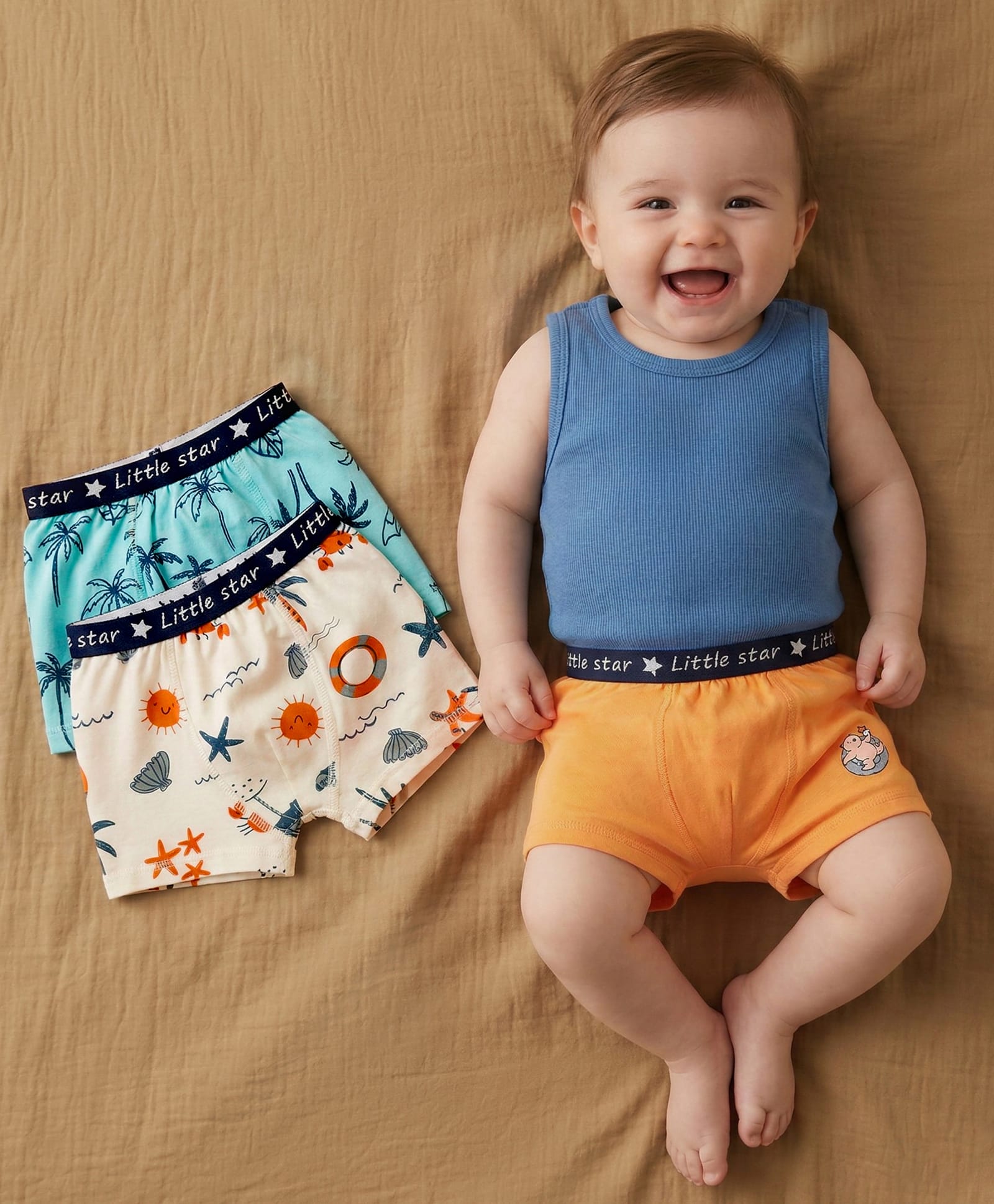 Babyoye Cotton Elastane Knit Trunks With Tree & Star Fish Print Pack Of 3 - Orange Light Blue & Cream-picture-13