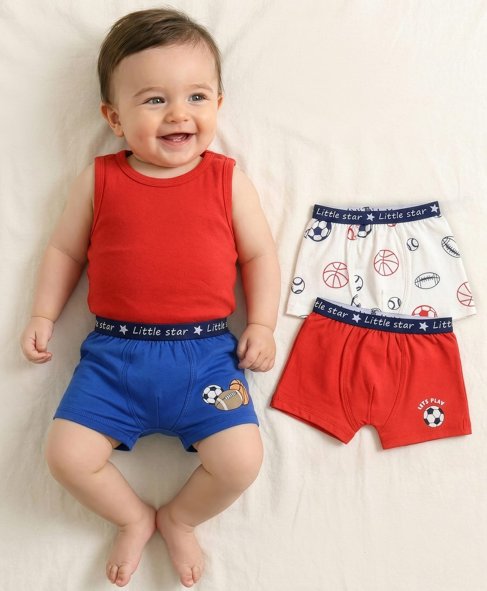 Babyoye Cotton Elastine Knit Trunks With Basket Ball Print Pack Of 3 - Red Blue & White-image-28