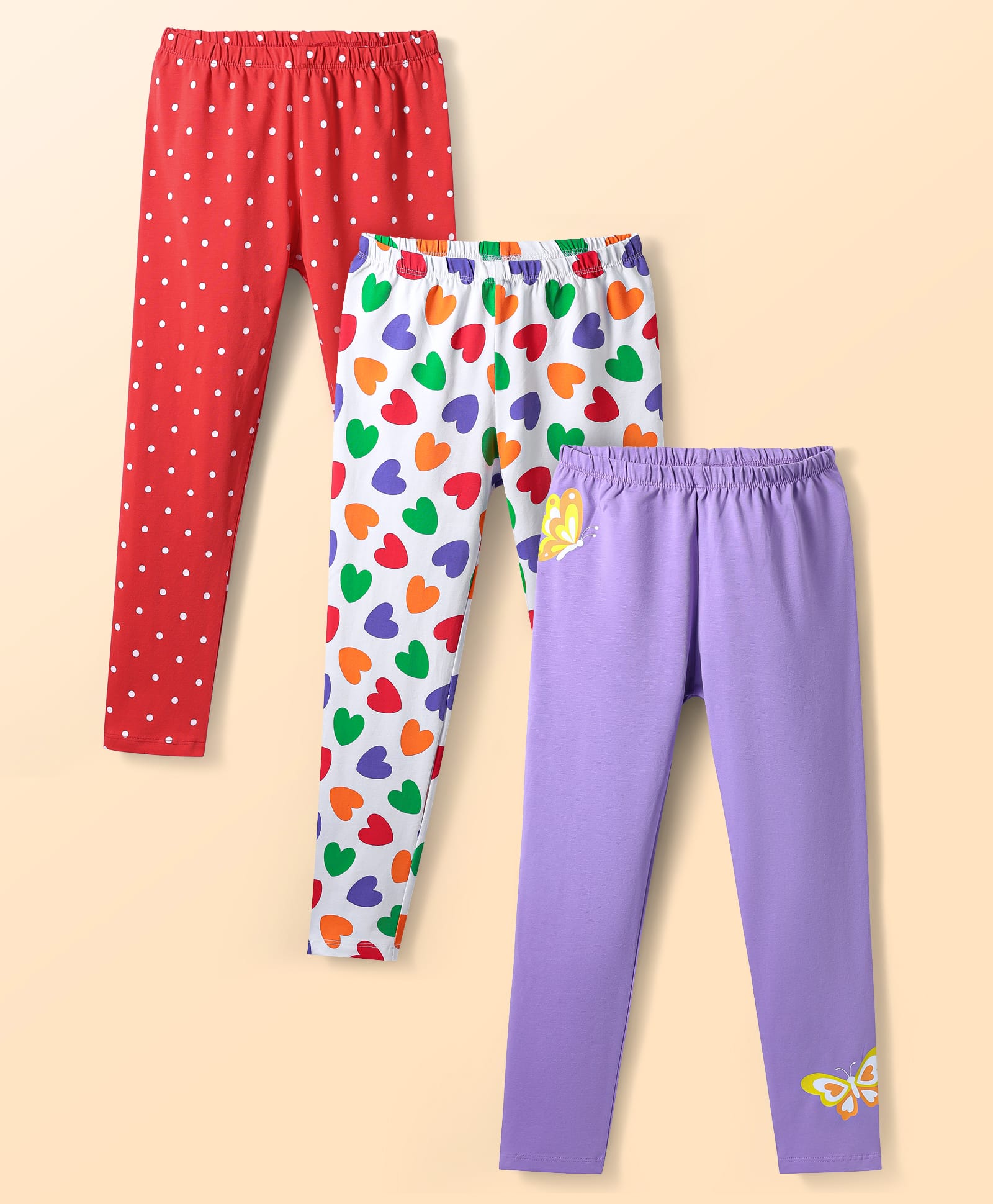 Babyhug Cotton Lycra Knit Full Length Leggings With Stretch & Polka Dots & Hearts Print Pack Of 3 - Multicolour