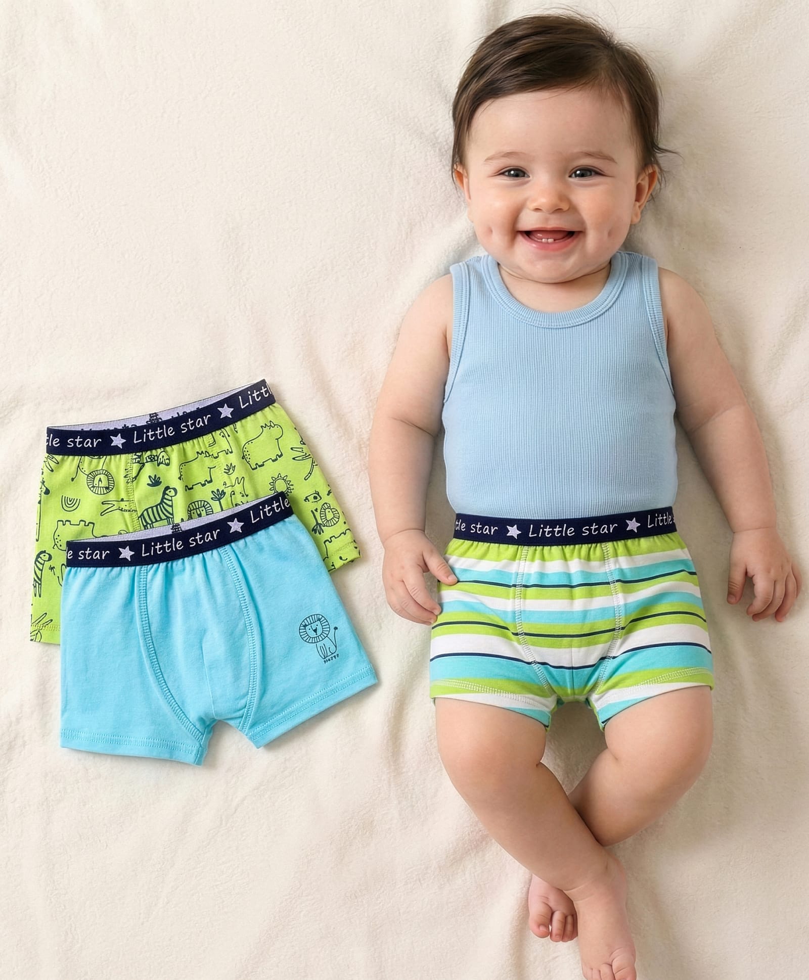 Babyoye Cotton Elastine Knit Trunks With Striped & Animal Print Pack Of 3 - Light Blue & Green-image-30
