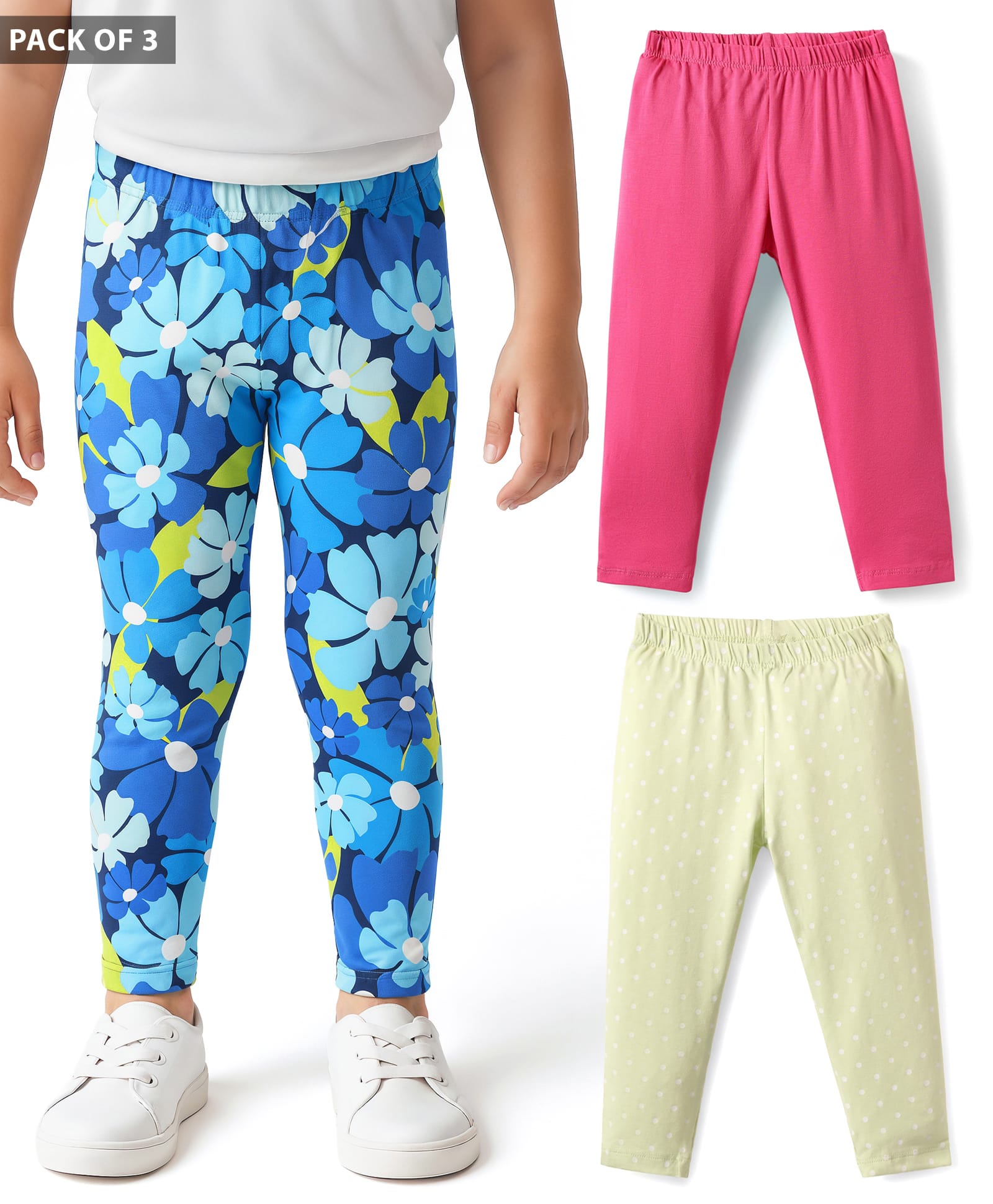 Babyhug Cotton Lycra Full Length Leggings with Floral Print Pack of 3 - Blue Pink & Offwhite-image-27