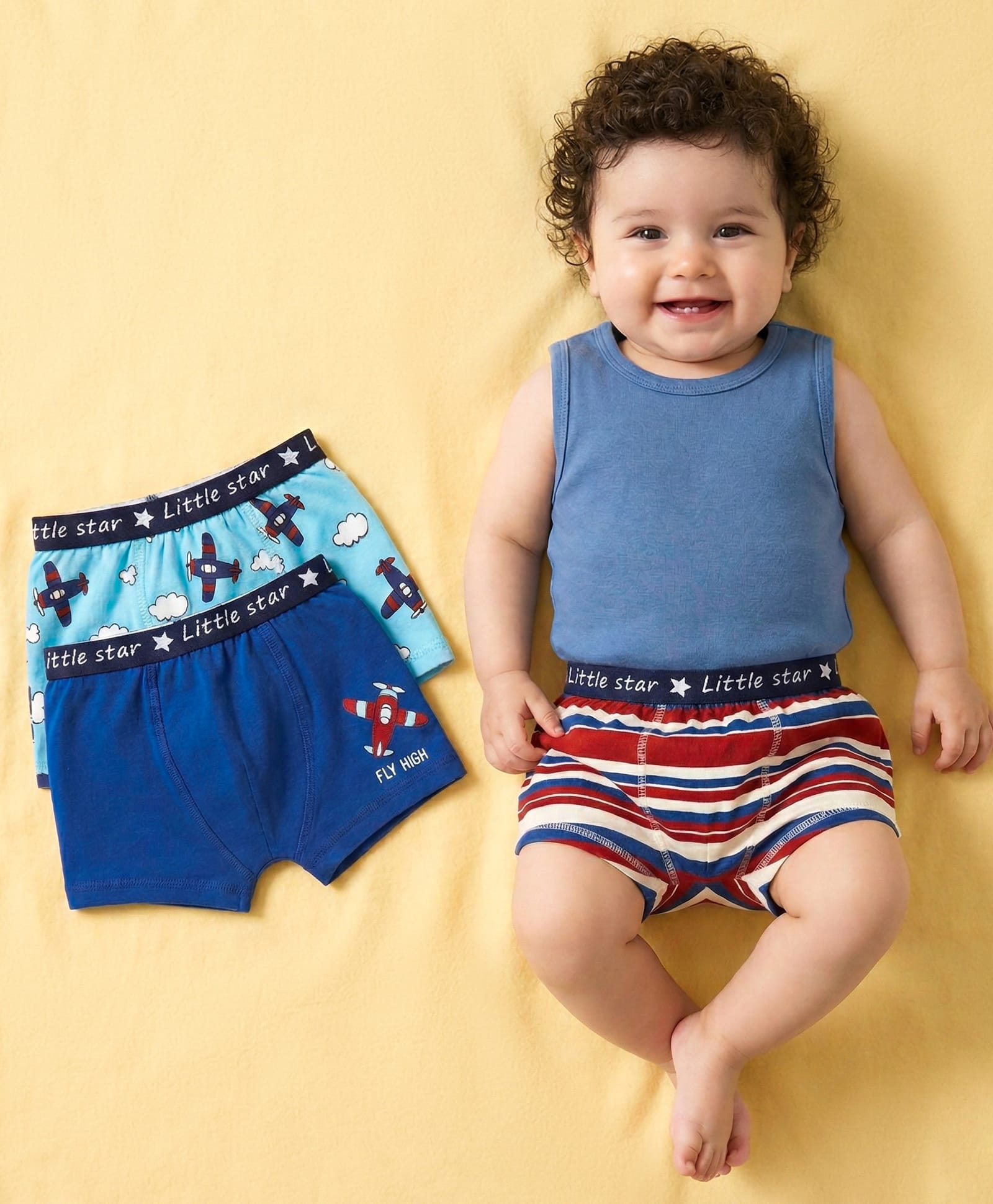 Babyoye Cotton Elastane Knit Trunks With Striped & Aeroplane Print Pack of 3 - Red Blue & Light Blue-image-16