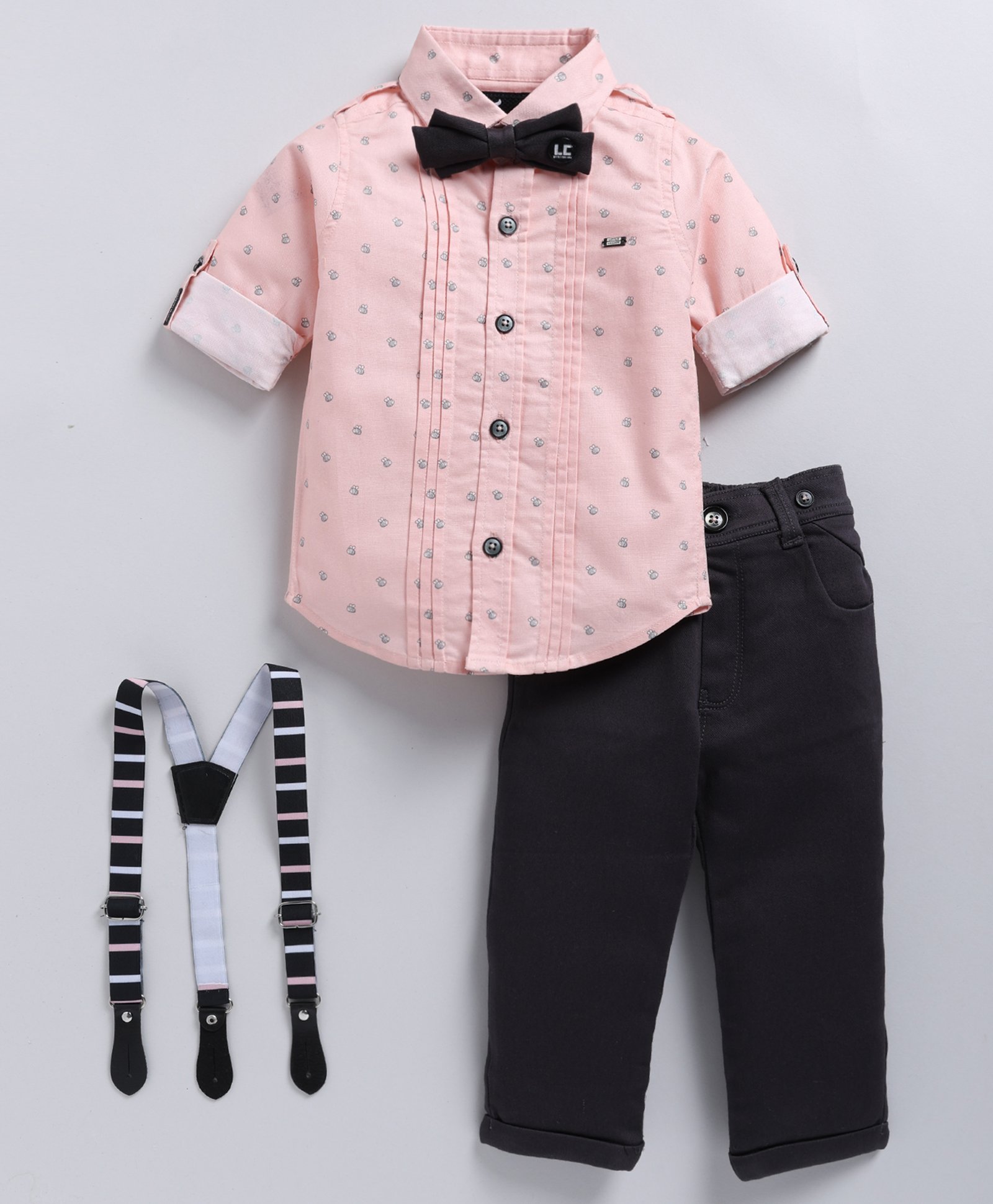 little collars LITTLE COLLARSCotton Full Sleeves Bees Printed Shirt Pant With Bow & Suspender Set - Peach-picture-47