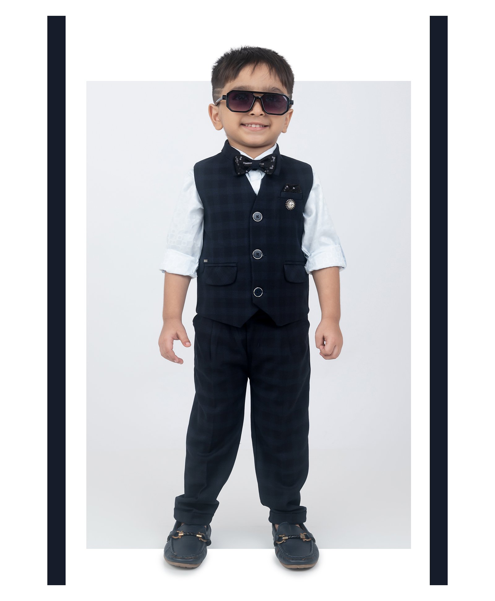 LITTLE COLLARS Full Sleeves Checked 3 Piece Party Suit Set - Blue-picture-6