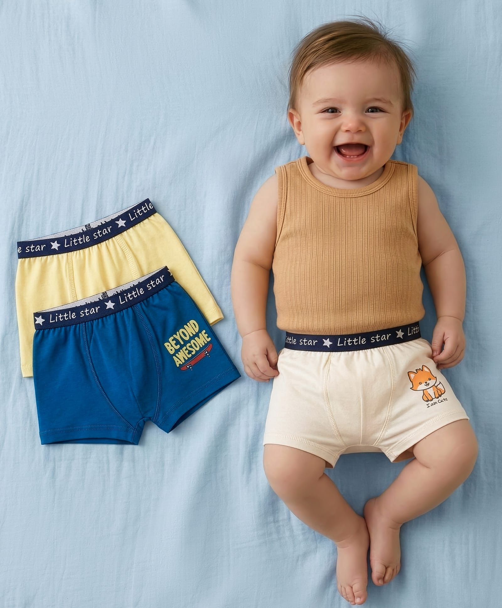 Babyoye Cotton Elastane Knit Trunks with Animal & Text Print Pack of 3 - Yellow White & Blue-image-40