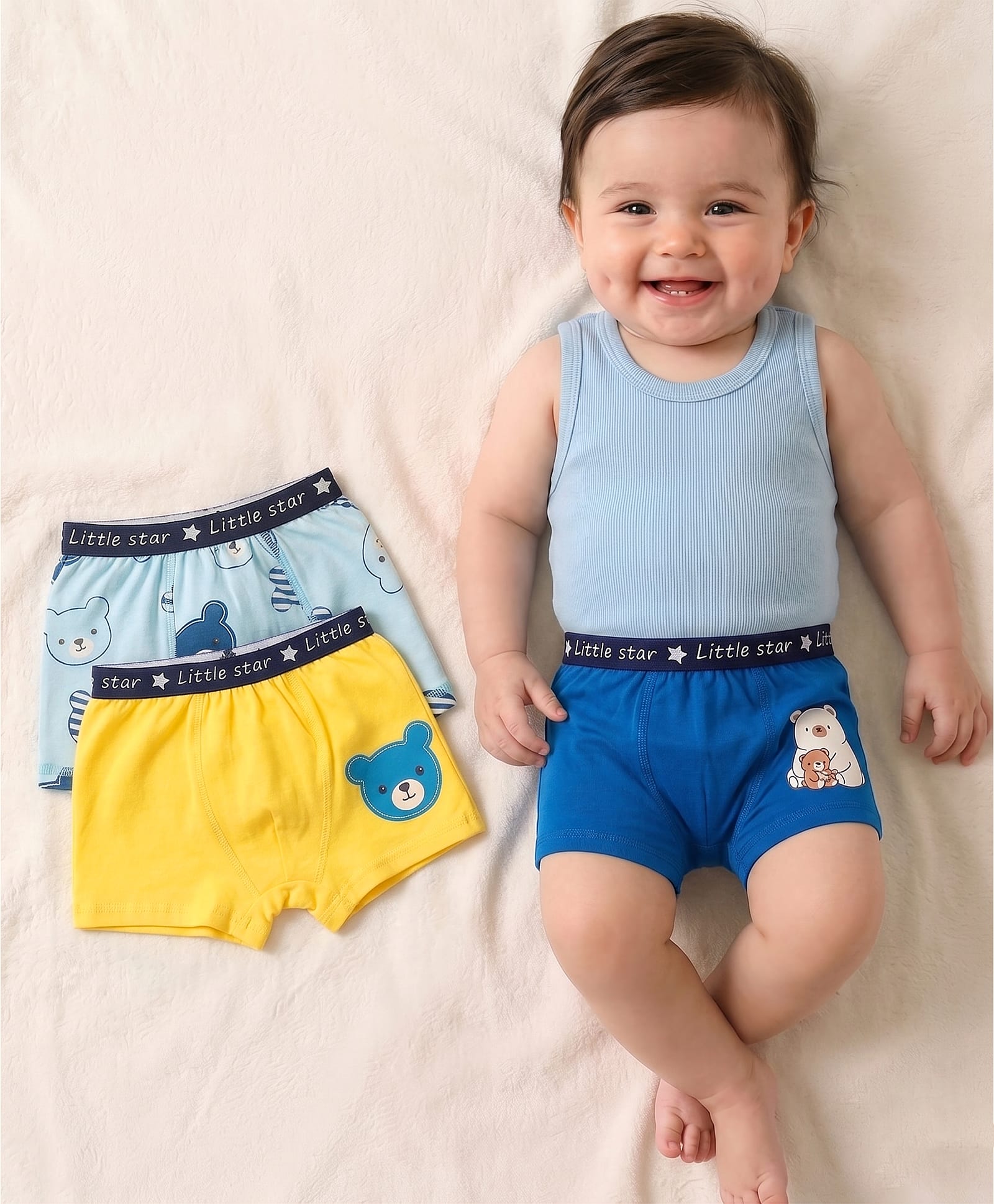 Babyoye Cotton Elastane Knit Trunks With Bear Print Pack Of 3 - Blue Yellow & Light Blue-image-20