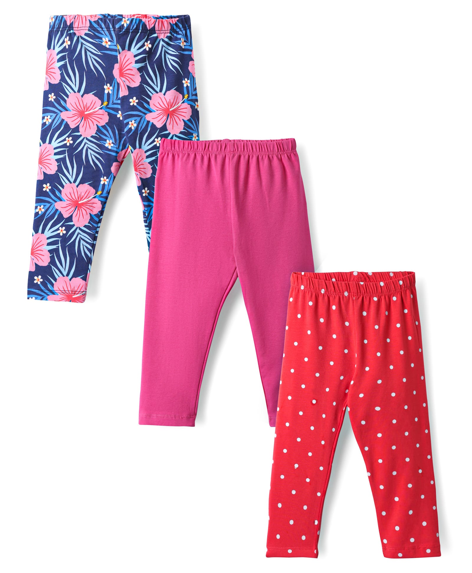 Babyhug Cotton Lycra Knit Full Length Leggings With Polka Dots & Floral Print Pack Of 3 - Red Dark Pink & Navy Blue