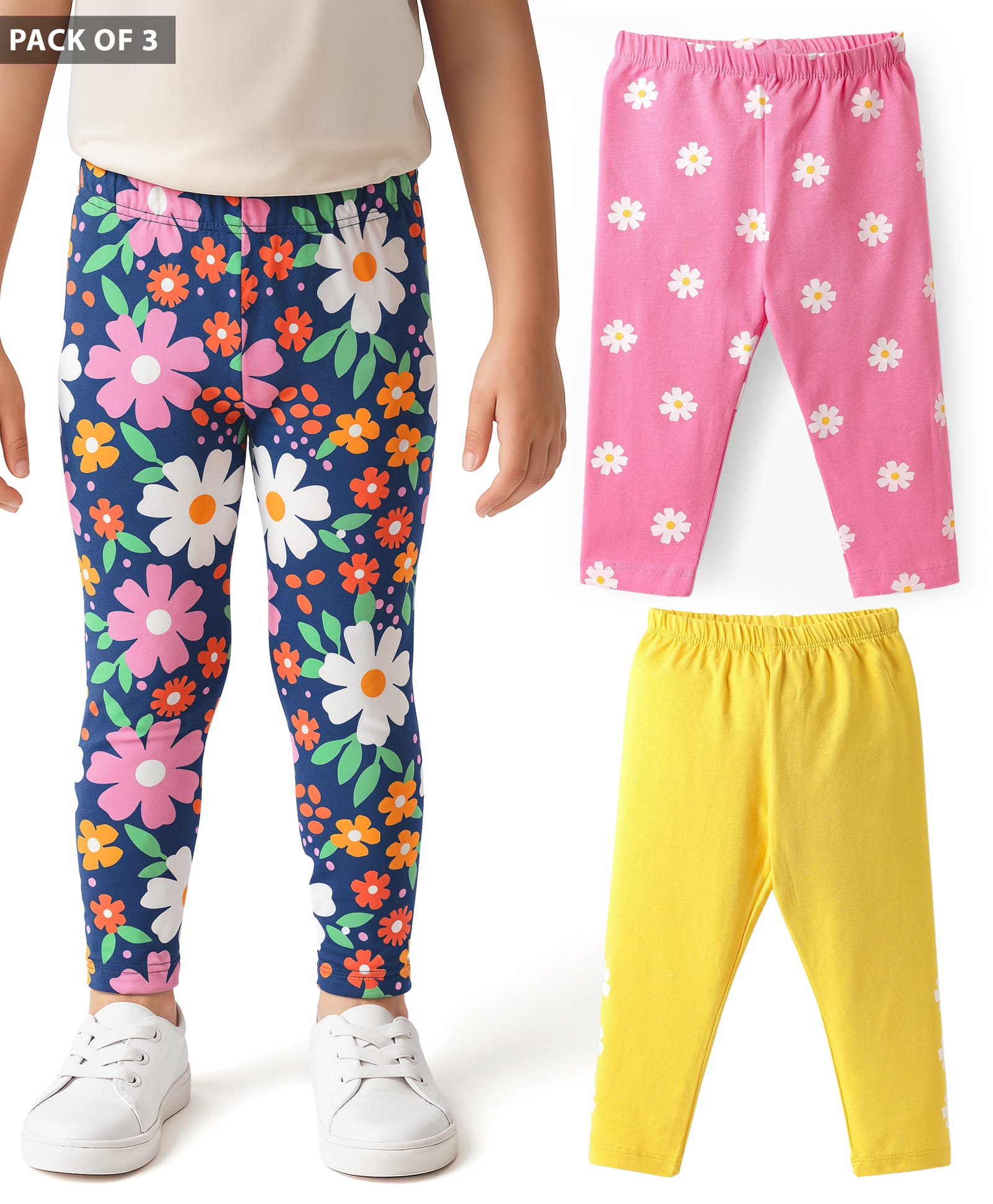 Babyhug Cotton Knit Full Length Leggings With Floral Print Pack Of 3 - Pink Navy Blue & Yellow-picture-22