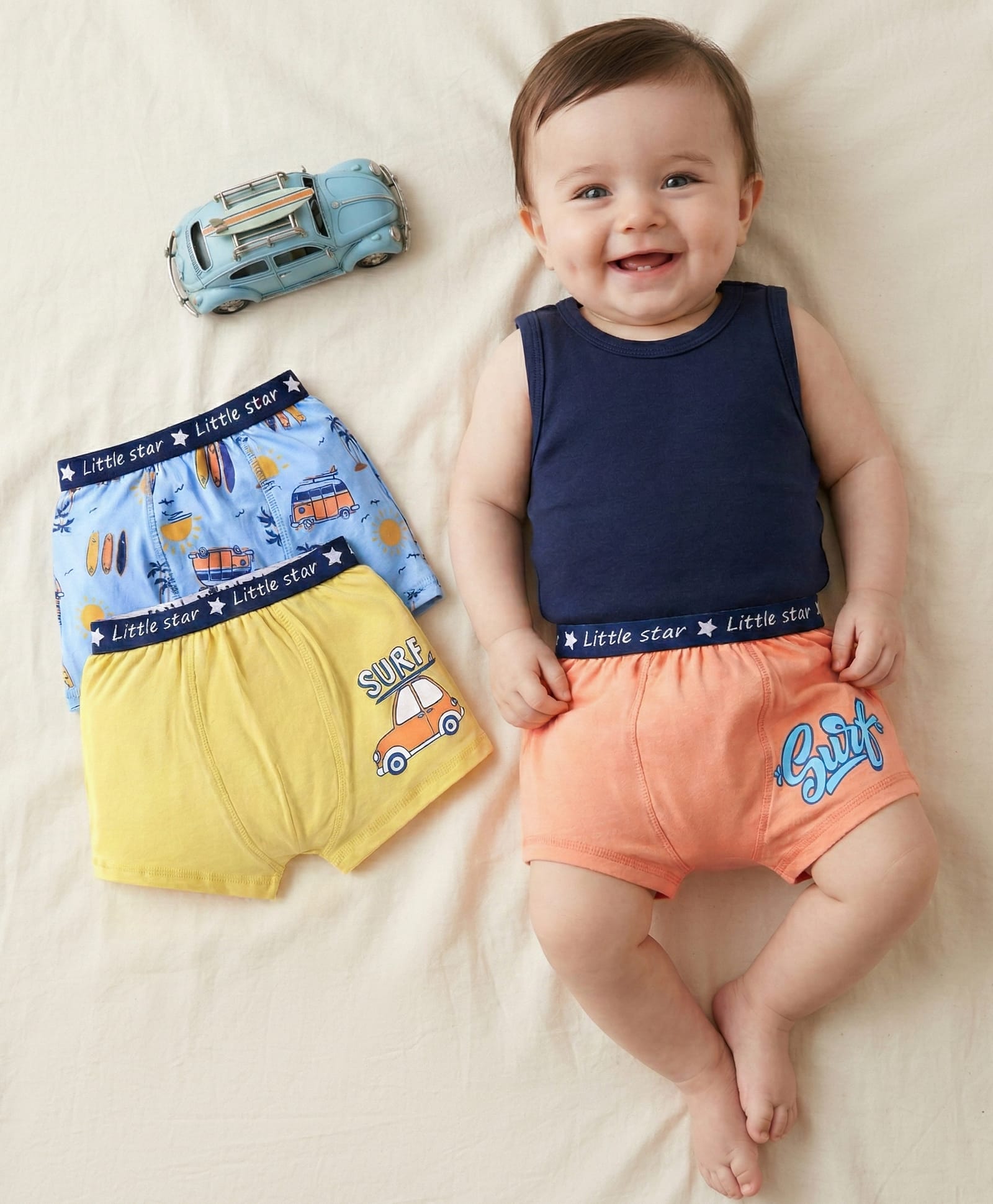 Babyoye Cotton Elastine Knit Trunks With Vehicle Print Pack Of 3 - Orange Yellow & Blue-picture-48