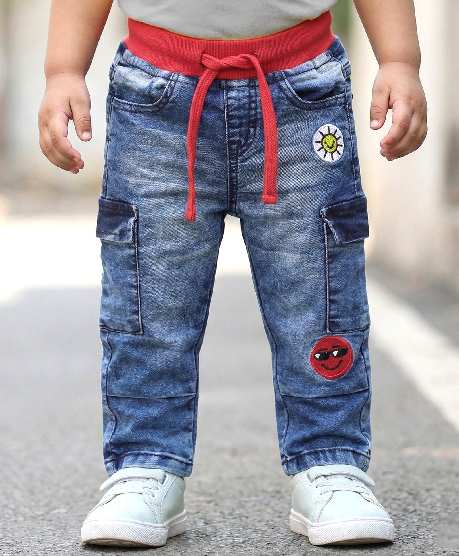 Babyoye Denim Woven Full Length Ribbed Waist Jeans with Sun & Smiley Patch Embroidery - Blue-picture-34
