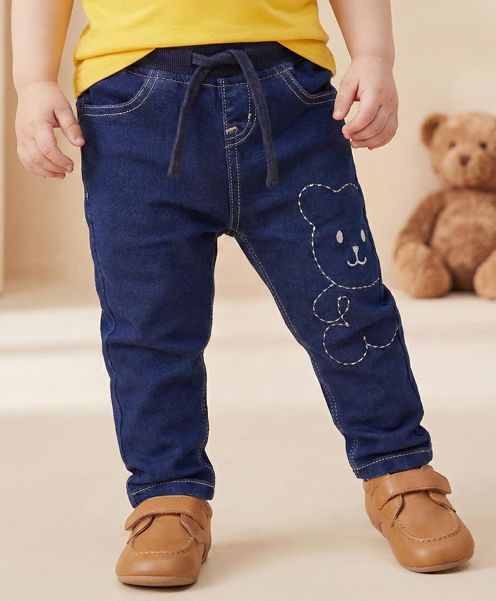 Babyoye Eco Conscious Cotton Blend Woven Full Length Denim Jeans with Bear Embroidery -Navy Blue-picture-26