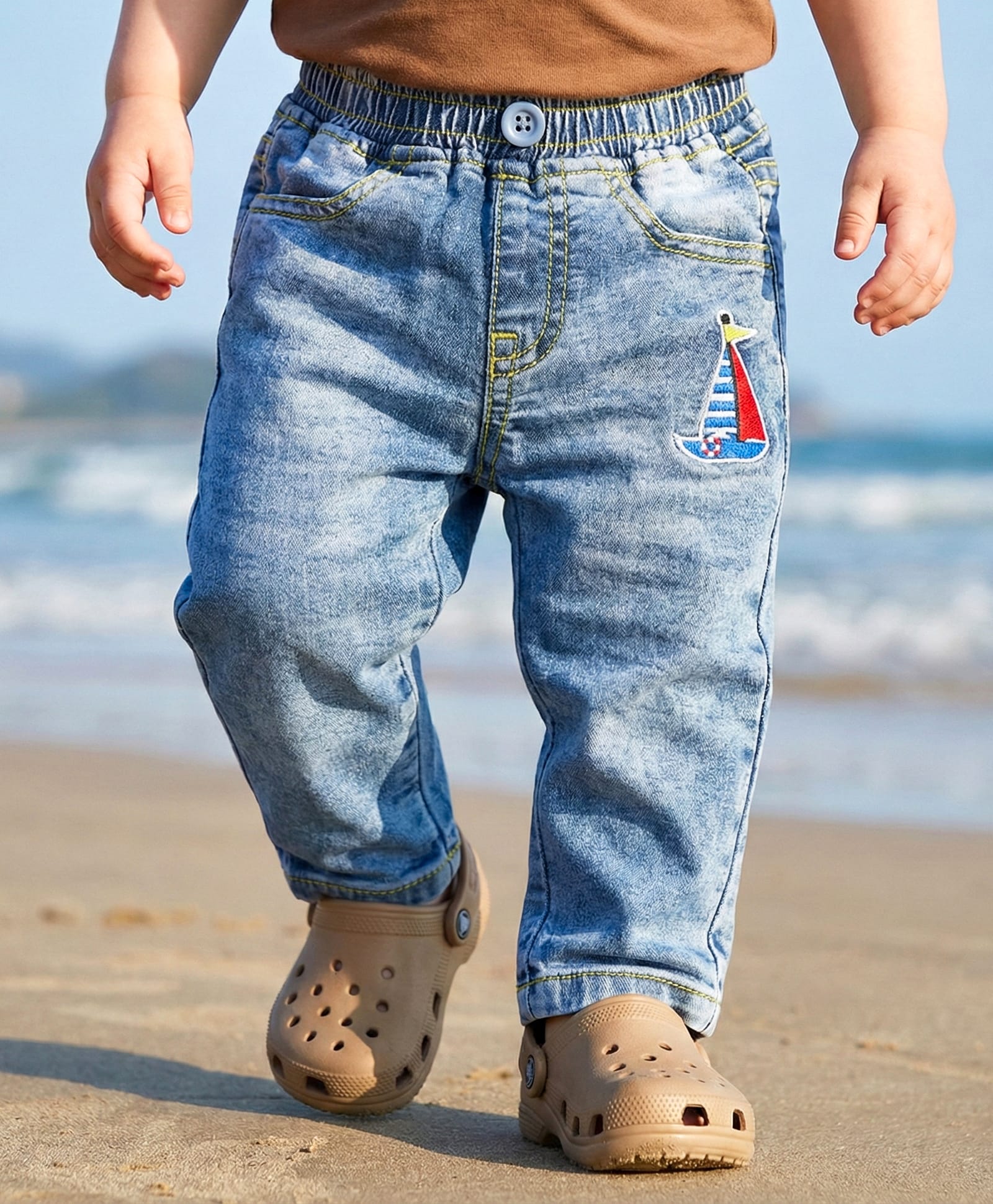 Babyoye Denim Full Length Jeans with Boat Embroidery - Blue-picture-11