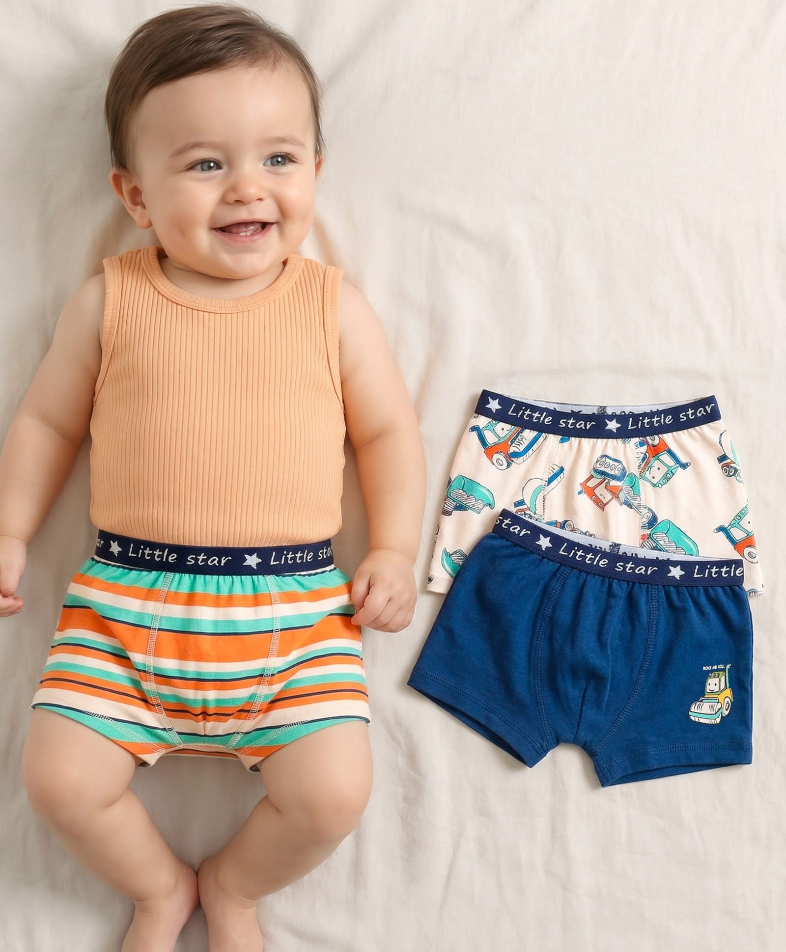 Babyoye Cotton Elastane Knit Trunks With Striped & Construction Vehicle Print Pack Of 3 - Cream White & Orange-picture-2