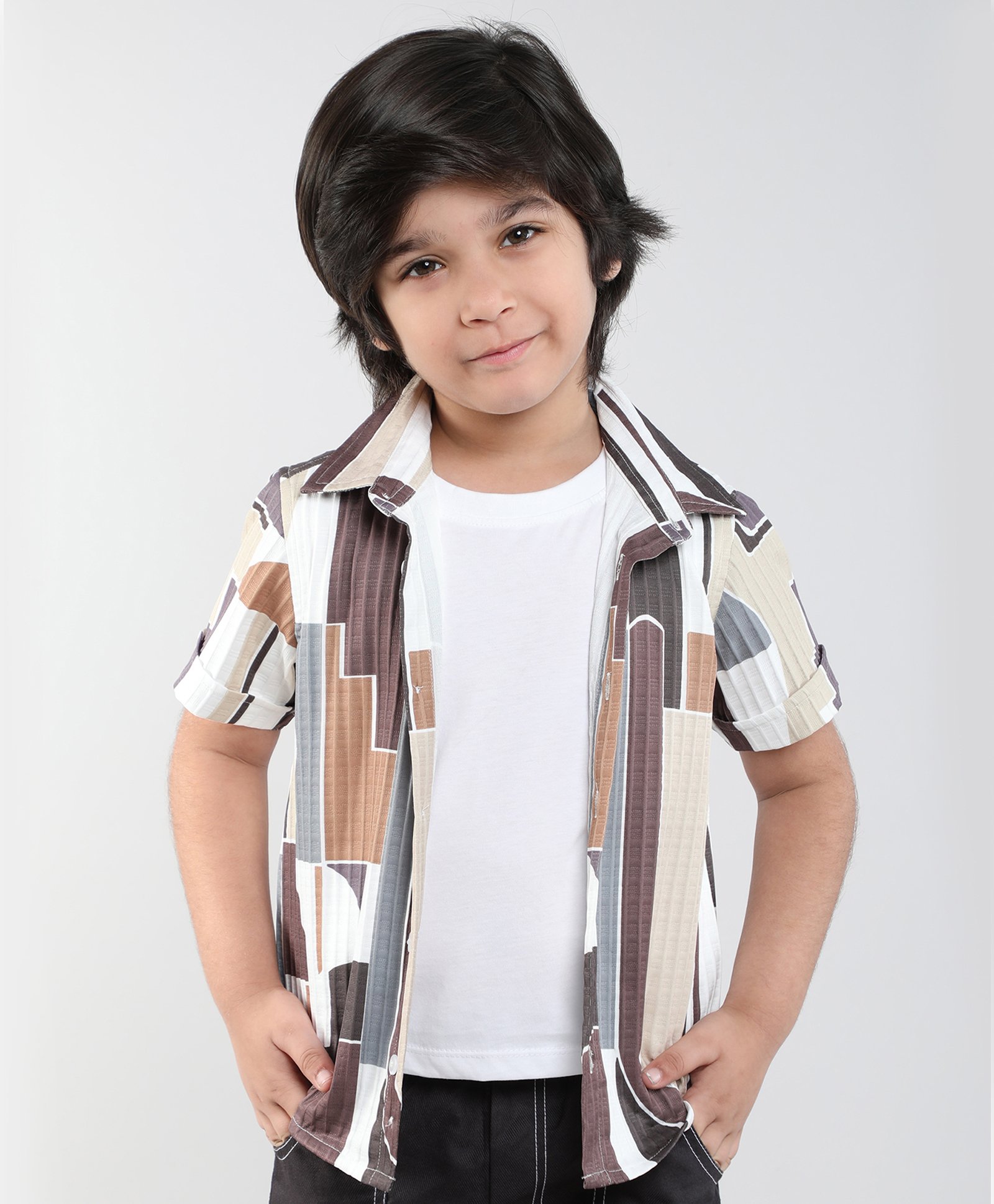Taffykids Half Sleeves Abstract Printed Shirt With Attached Tee - White & Multi Colour-image-46