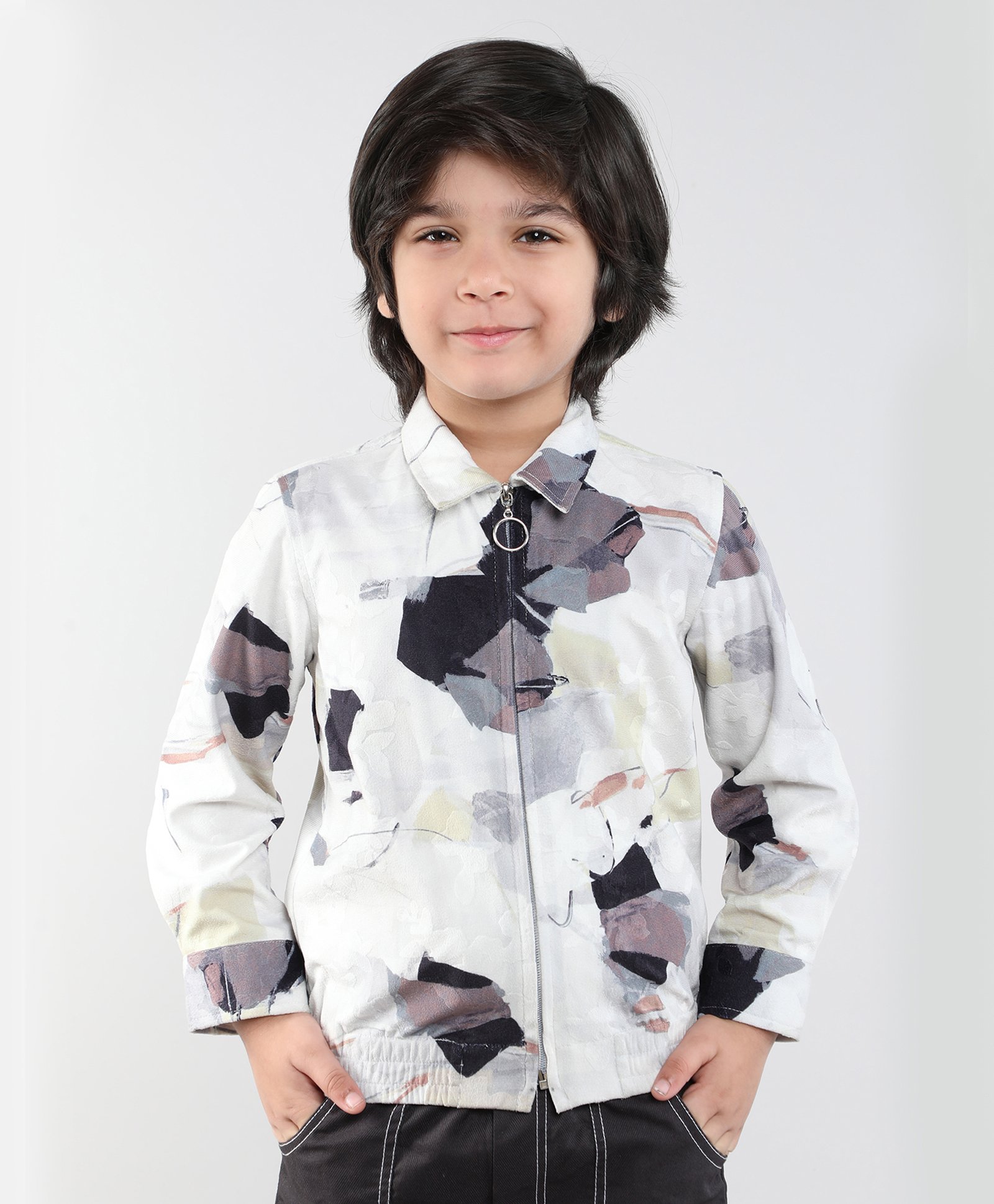 Taffykids Velvet Full Sleeves Abstract Printed Zipper Bomber Jacket - Multi Colour-picture-46