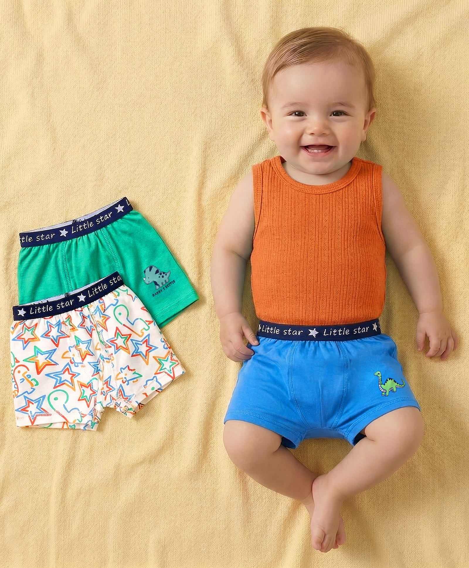 Babyoye Cotton Elastine Knit Trunks With Star Print Pack Of 3 - Blue Green & White-image-13